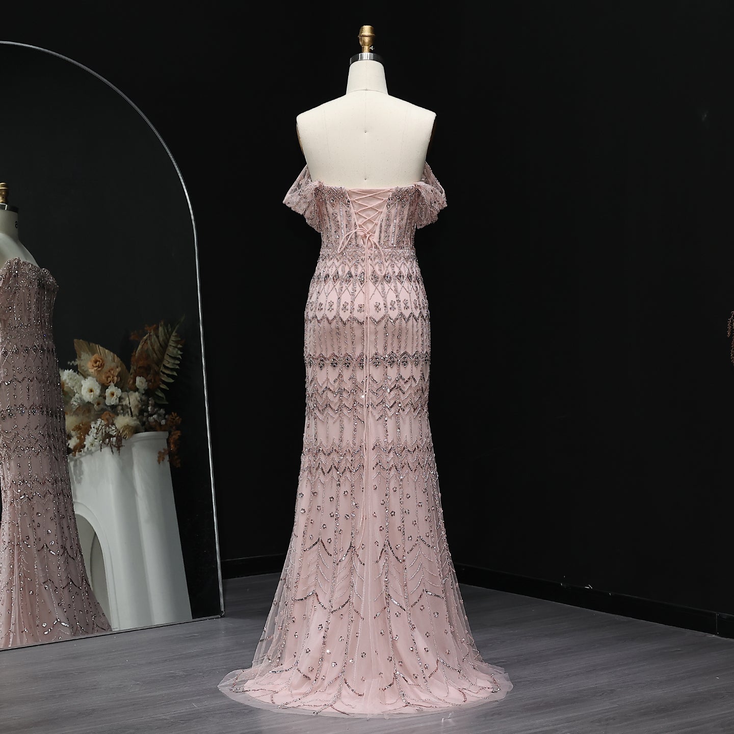 Luxury White Beaded Short Sleeves Evening Dress SS291