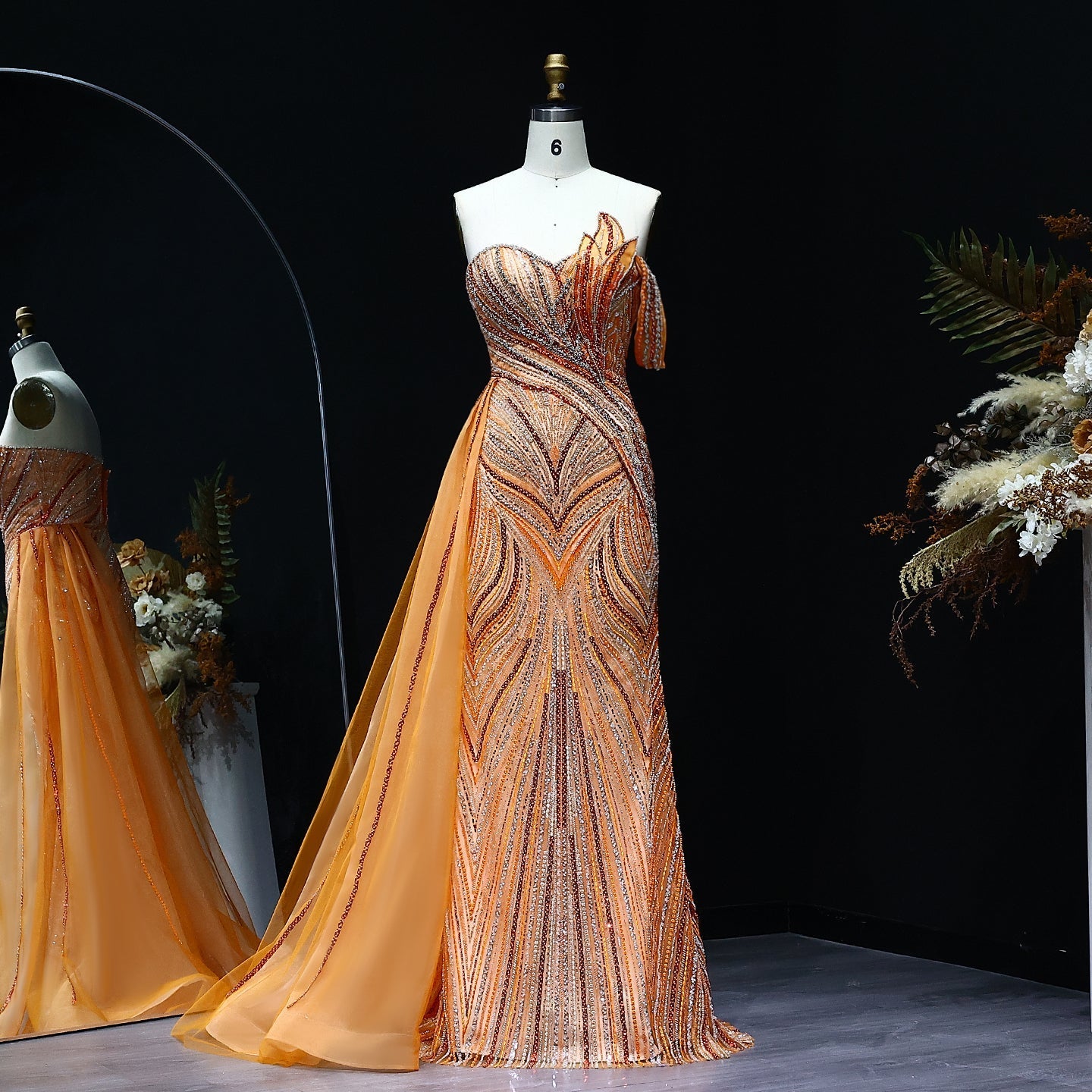 Luxury Orange One Shoulder Evening Dress with Overskirt SS257  Orange / US 16