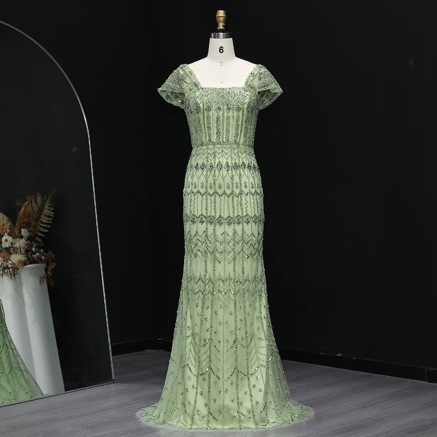 Luxury White Beaded Short Sleeves Evening Dress SS291  Green / US 16