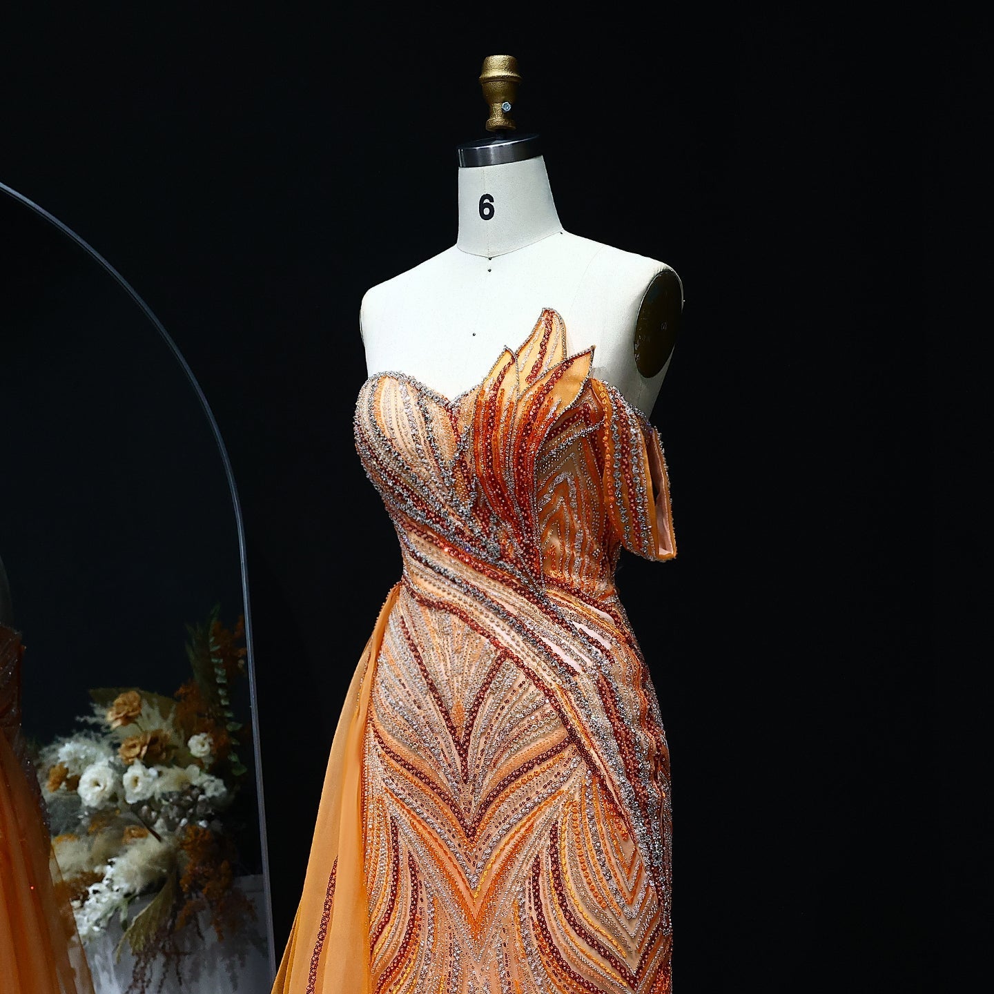 Luxury Orange One Shoulder Evening Dress with Overskirt SS257