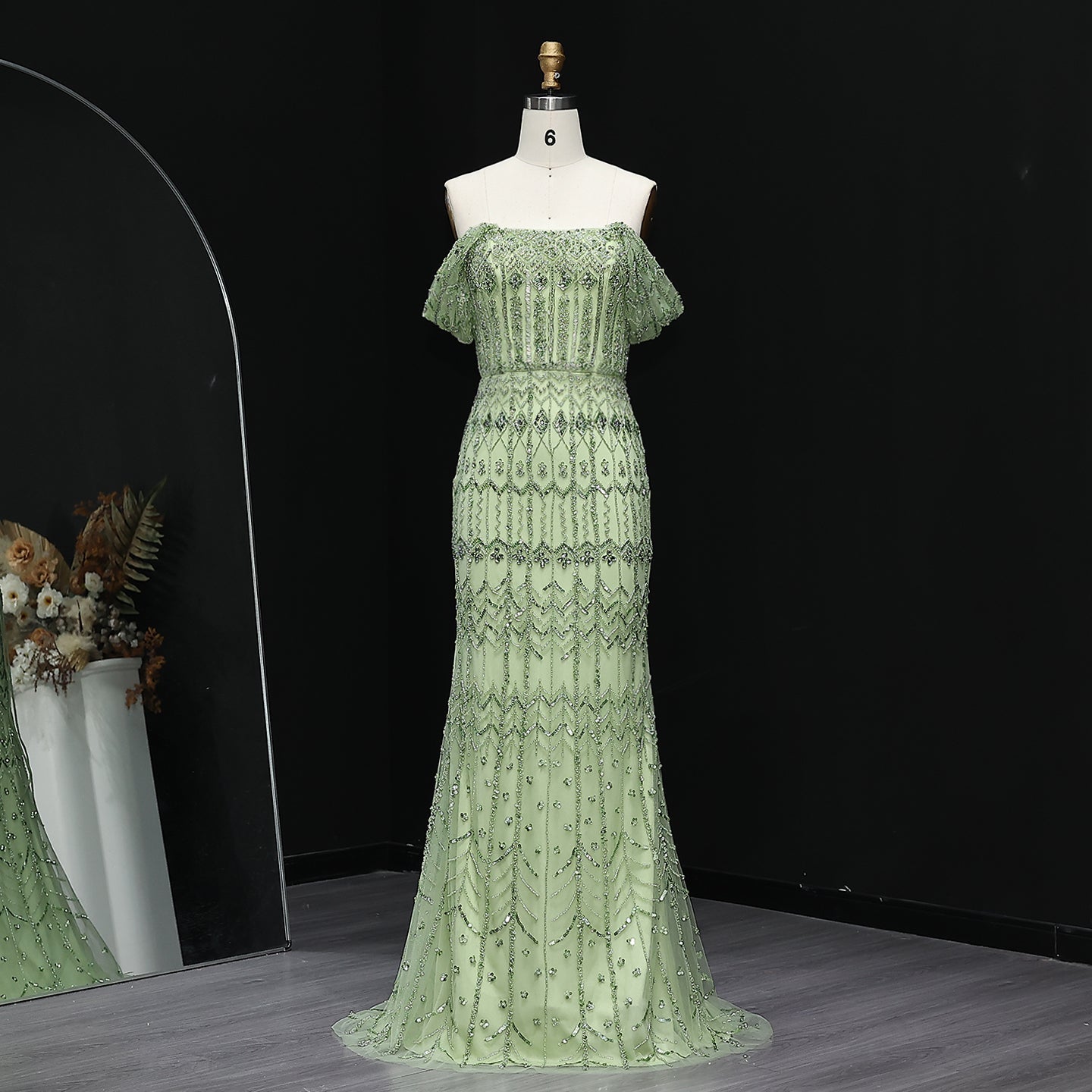 Luxury White Beaded Short Sleeves Evening Dress SS291