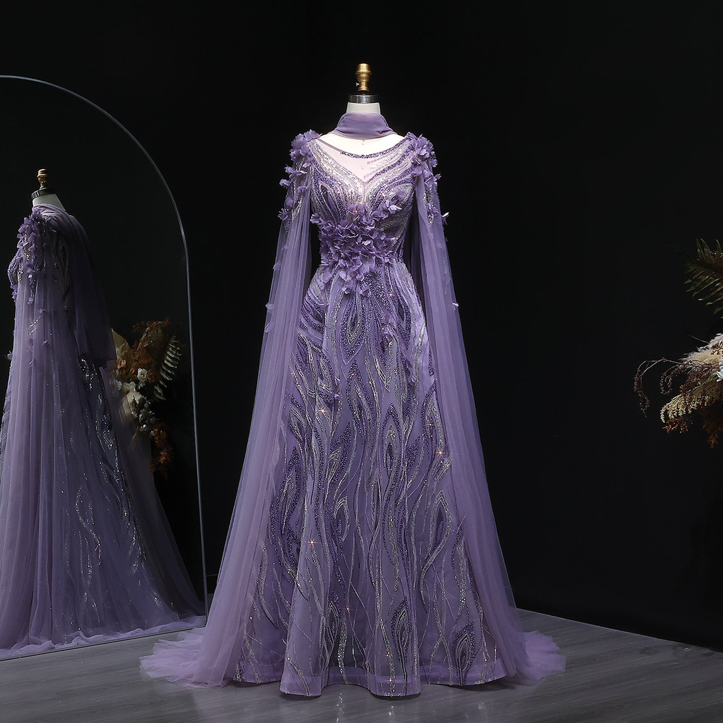 Luxury 3D flowers Purple Beaded Evening Dress with Scarf SS060  Purple / US 20