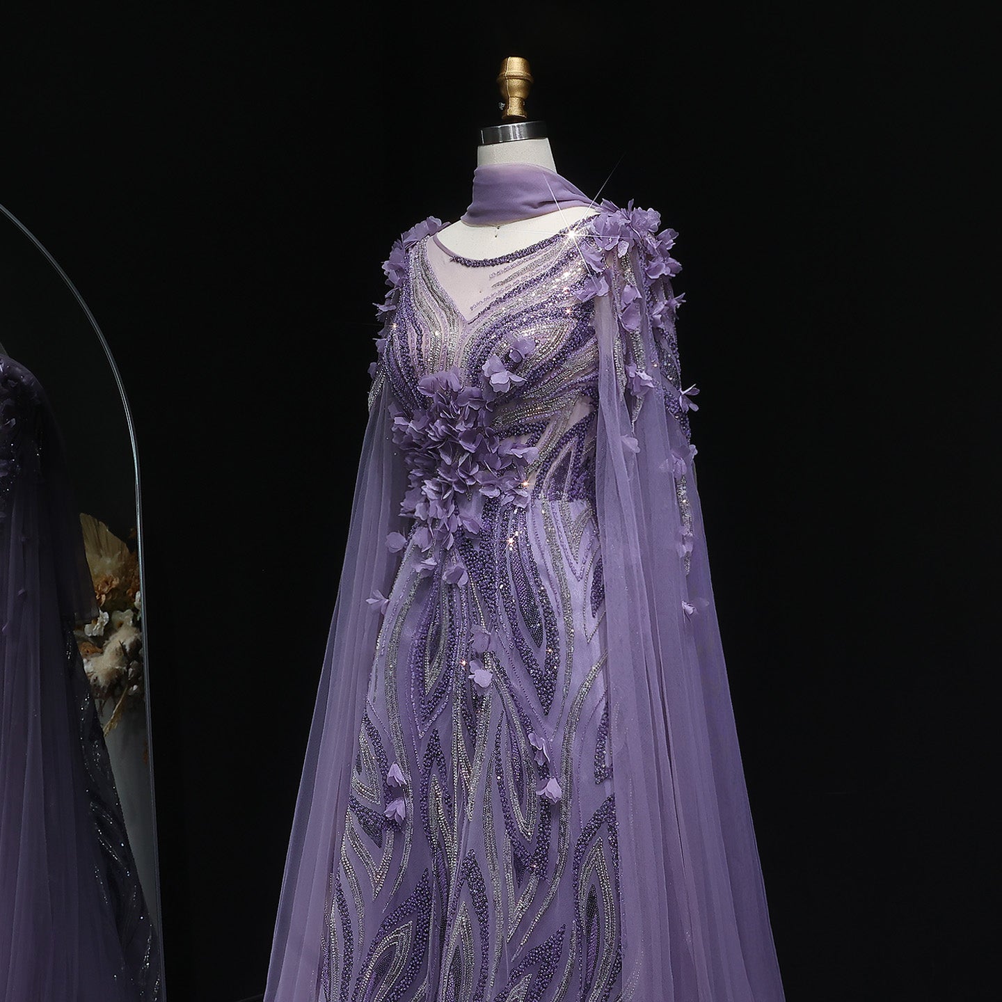 Luxury 3D flowers Purple Beaded Evening Dress with Scarf SS060