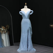 Elegant Crystal Off Shoulder Blue Evening Dress with Slit  SS115