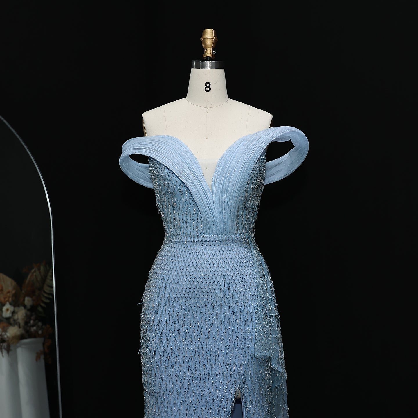 Elegant Crystal Off Shoulder Blue Evening Dress with Slit  SS115