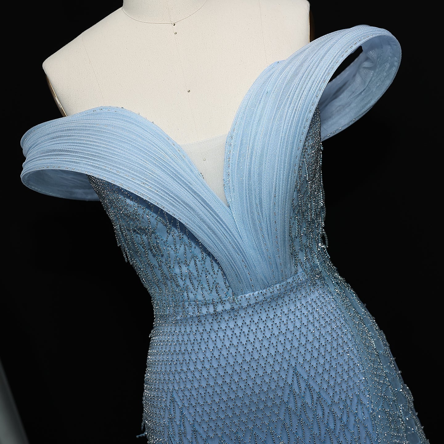 Elegant Crystal Off Shoulder Blue Evening Dress with Slit  SS115