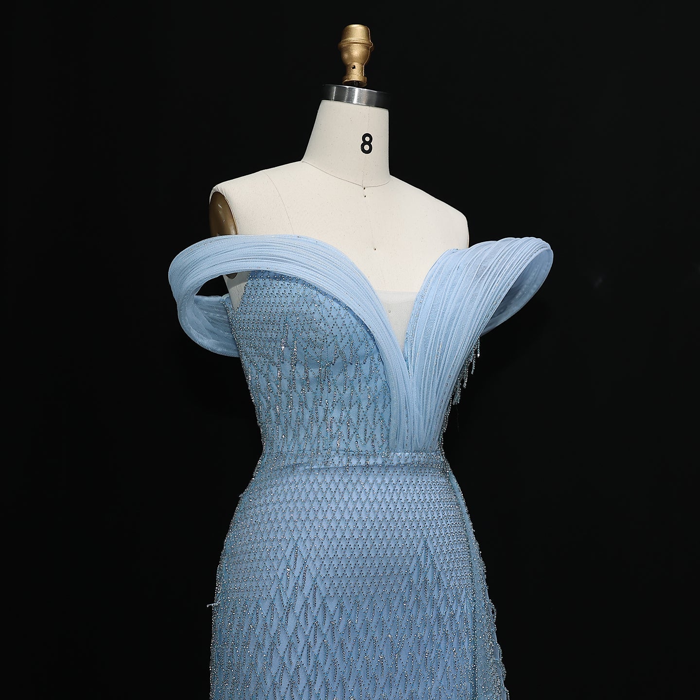 Elegant Crystal Off Shoulder Blue Evening Dress with Slit  SS115