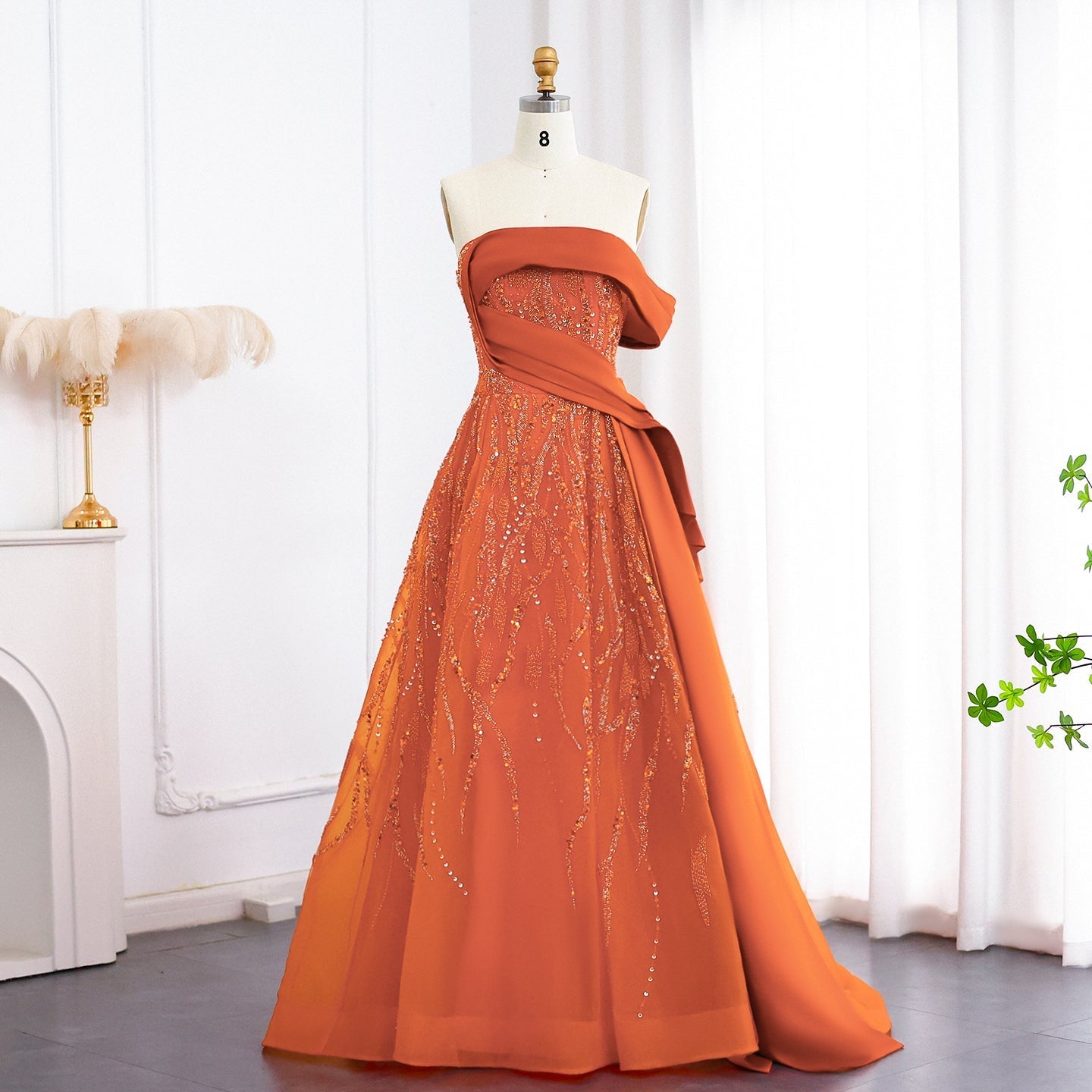 Elegant Beaded Orange Off Shoulder Evening Dress SS571  Orange / US 18
