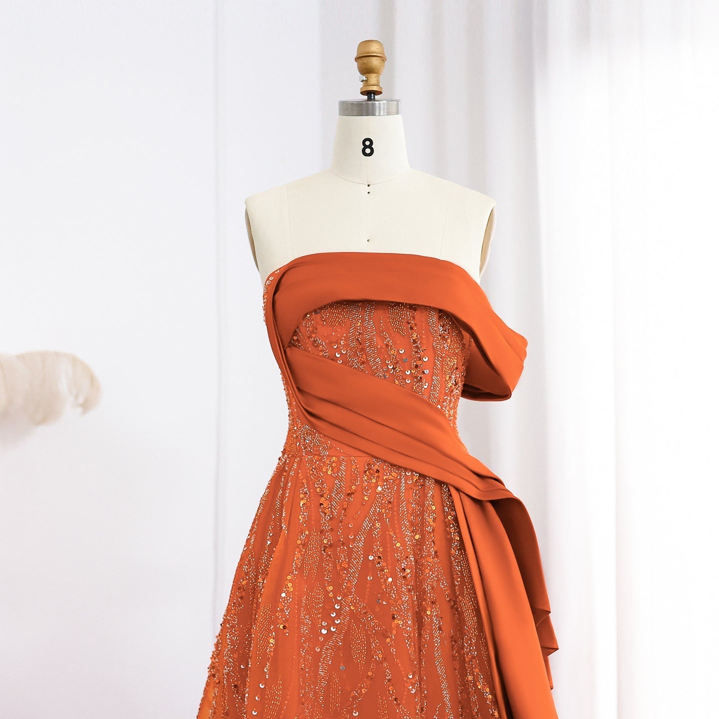 Elegant Beaded Orange Off Shoulder Evening Dress SS571