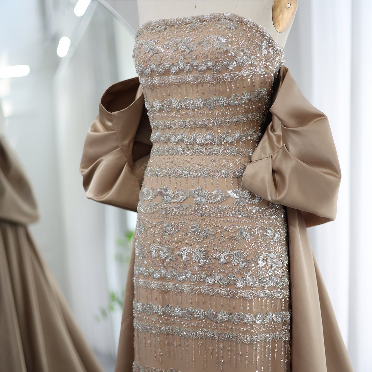 Luxury Sage Green Beaded Evening Dress with Cape SS238