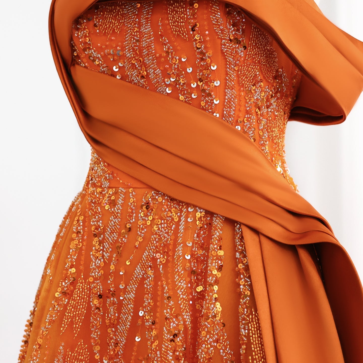 Elegant Beaded Orange Off Shoulder Evening Dress SS571