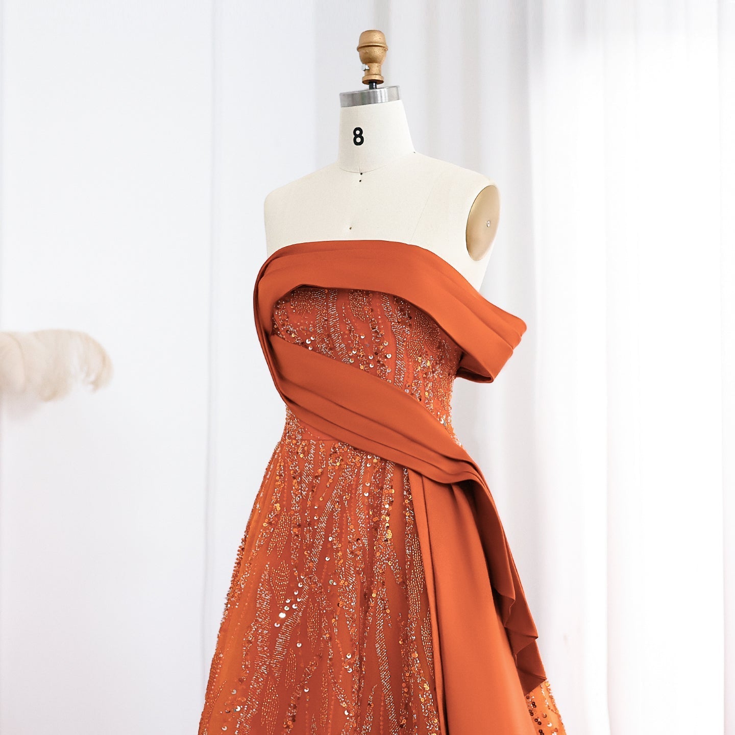 Elegant Beaded Orange Off Shoulder Evening Dress SS571