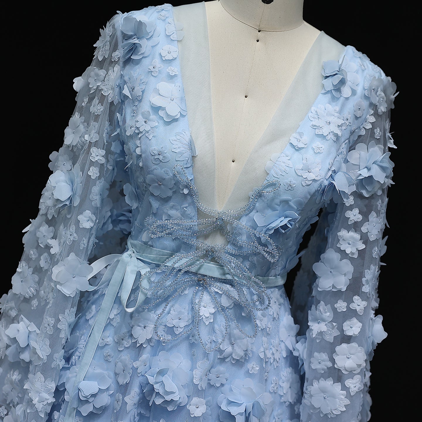 Arabic Peach-Pink 3D Flowers Long Sleeves Evening Dresses SS295