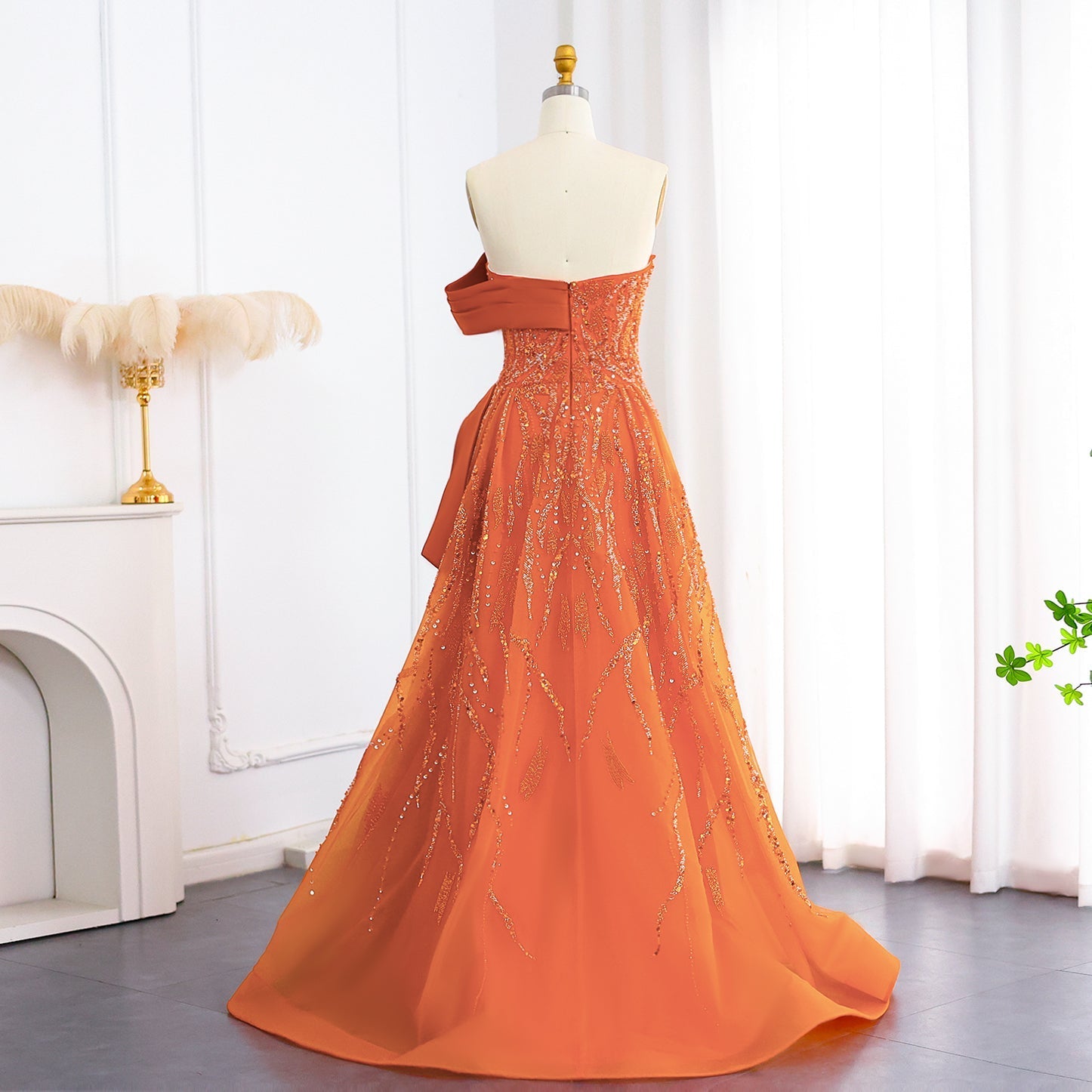 Elegant Beaded Orange Off Shoulder Evening Dress SS571