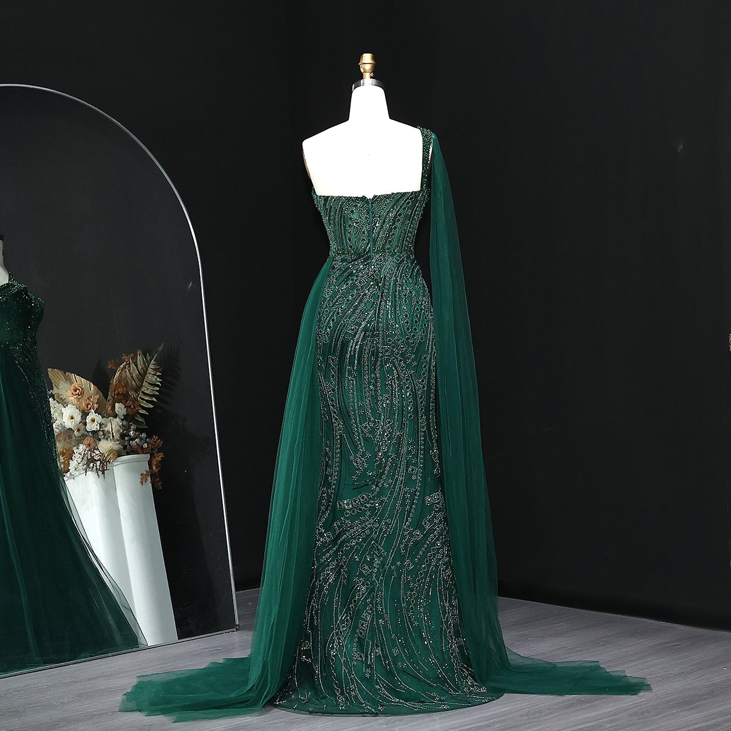 Burgundy One Shoulder Mermaid Evening Dress with Cape Overskirt SS129