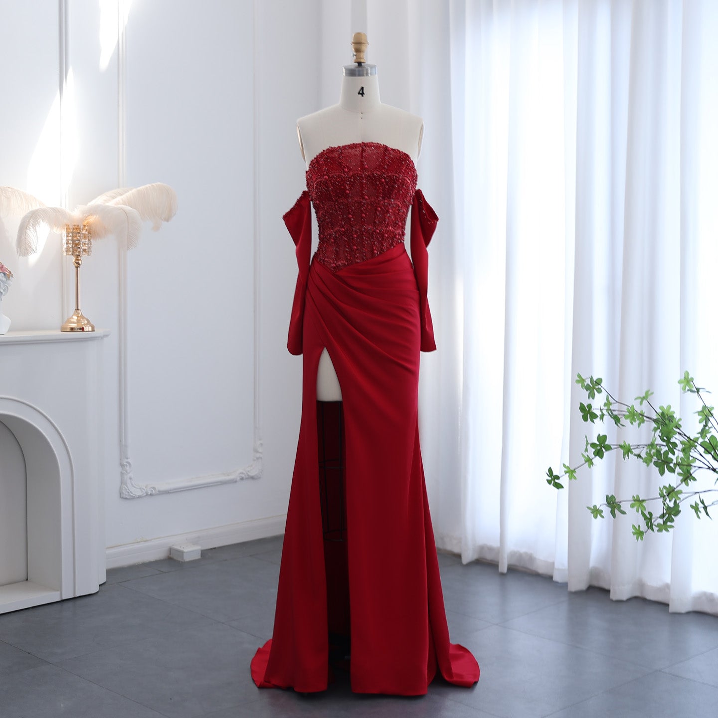 Luxury White Scalloped Evening Dress with High Slit SS416  Burgundy / US 16