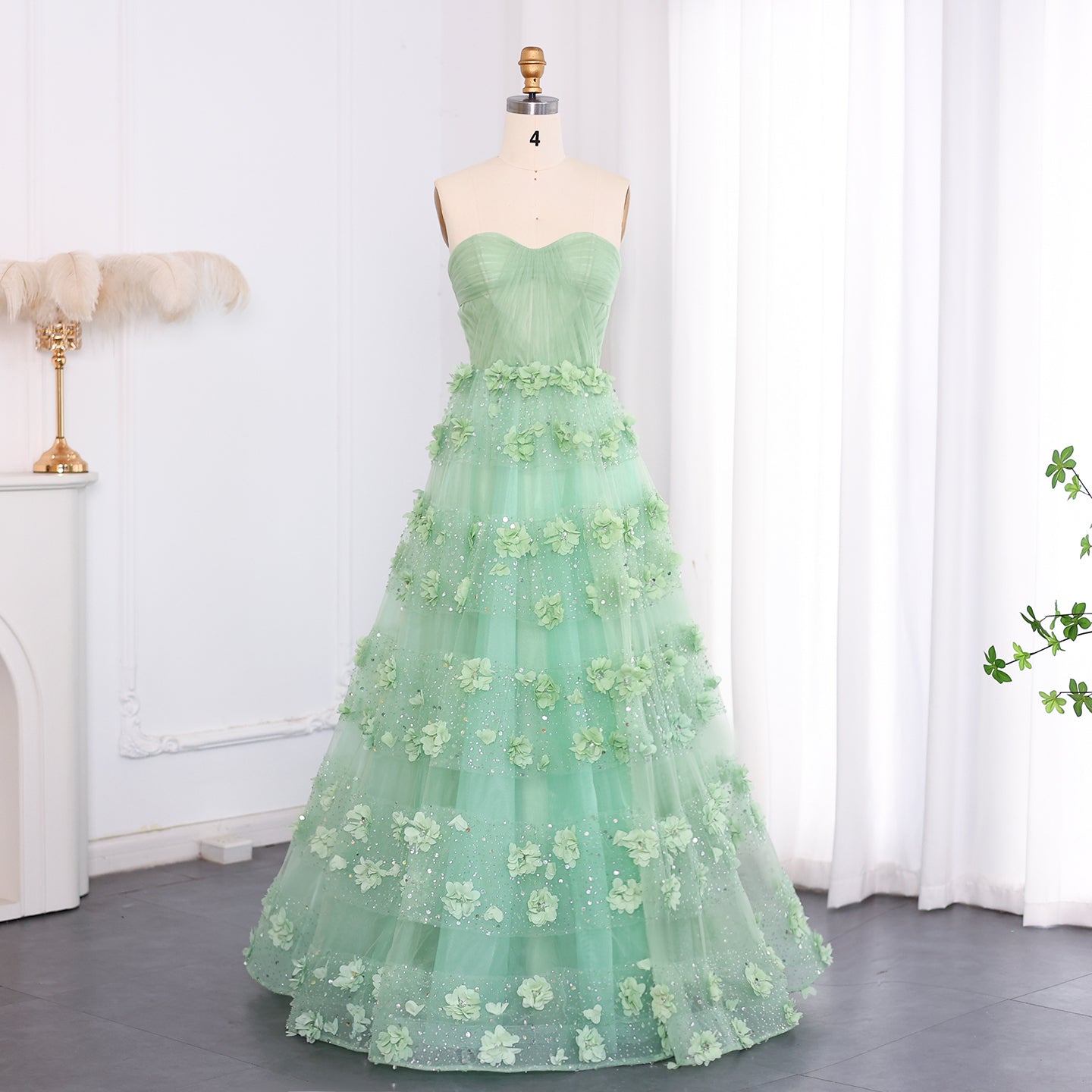 Luxury Sage Green 3D Flowers Dubai Evening Dress with Cape SS346