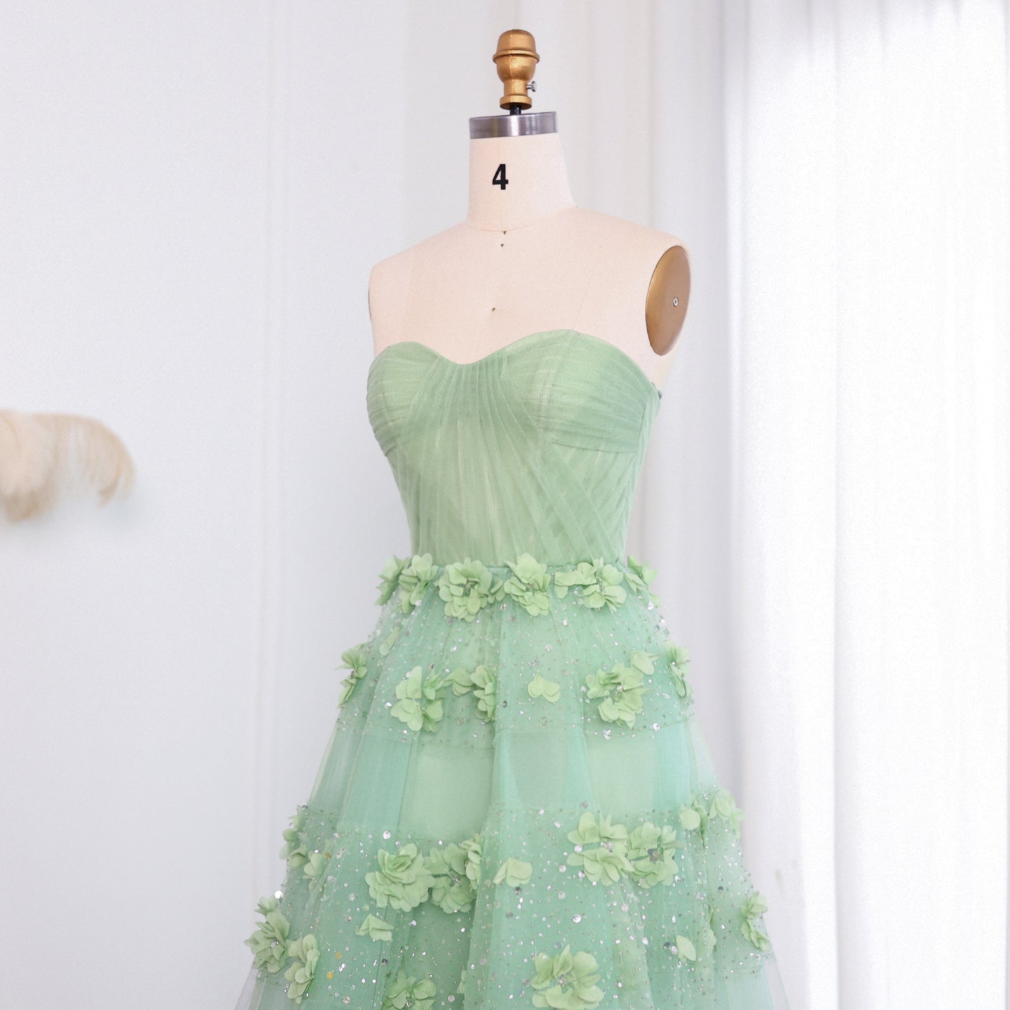 Luxury Sage Green 3D Flowers Dubai Evening Dress with Cape SS346