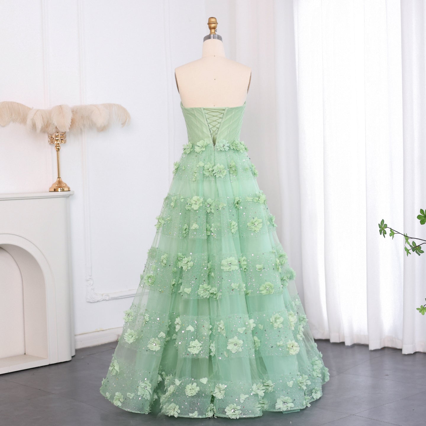 Luxury Sage Green 3D Flowers Dubai Evening Dress with Cape SS346