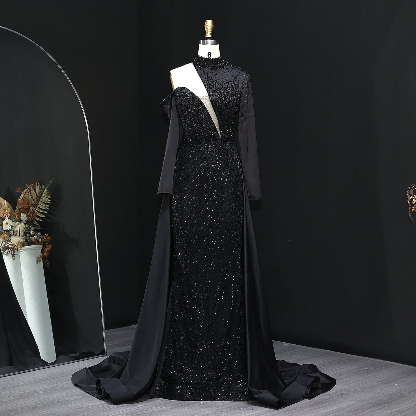 Luxury Red Long Sleeves Evening Dress with Overskirt SS019  Black / US 18