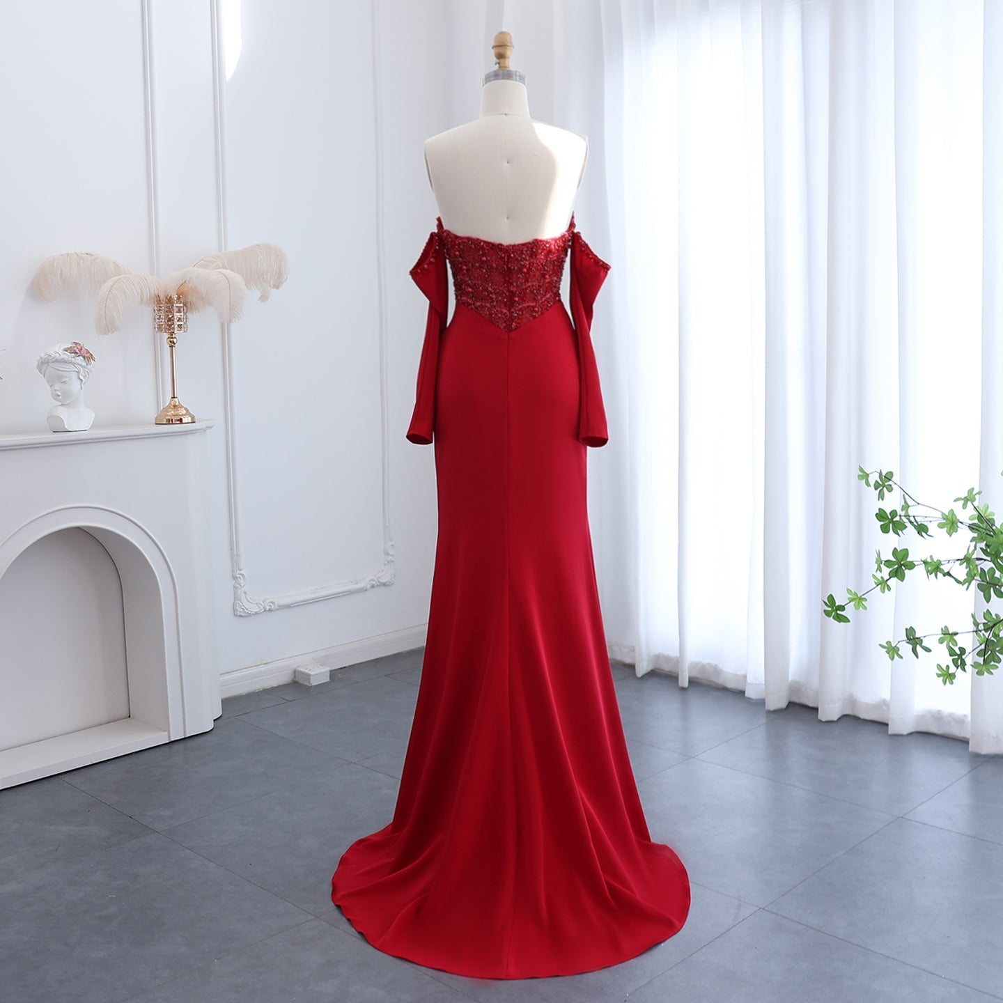 Luxury White Scalloped Evening Dress with High Slit SS416