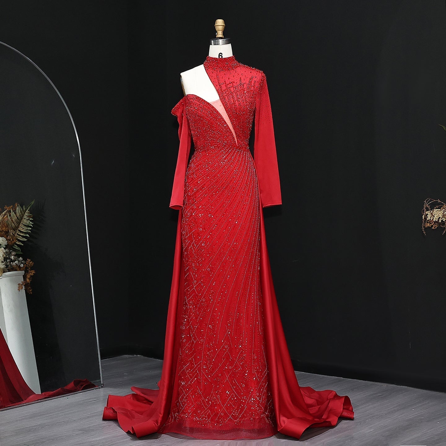 Luxury Red Long Sleeves Evening Dress with Overskirt SS019  Burgundy / US 18