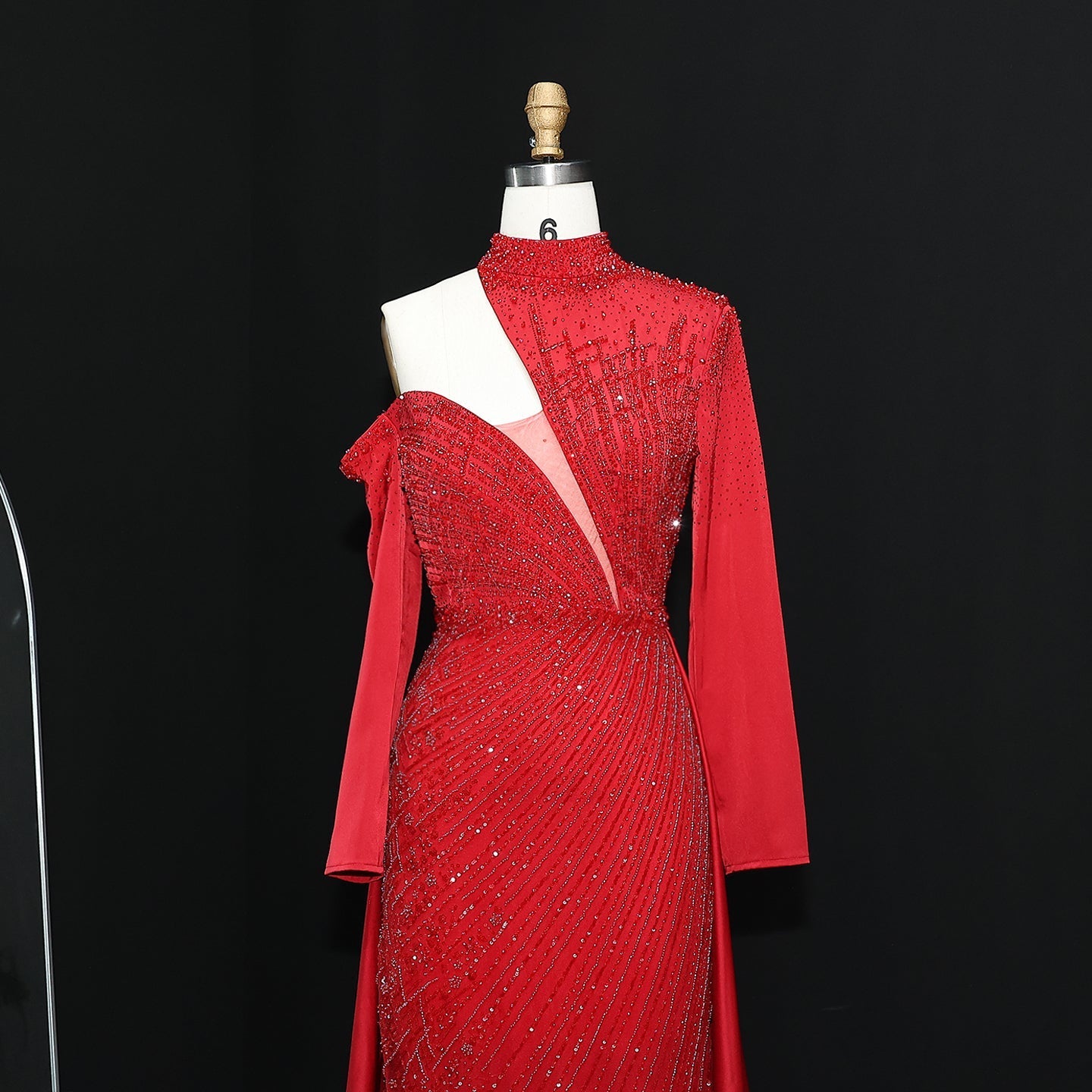 Luxury Red Long Sleeves Evening Dress with Overskirt SS019