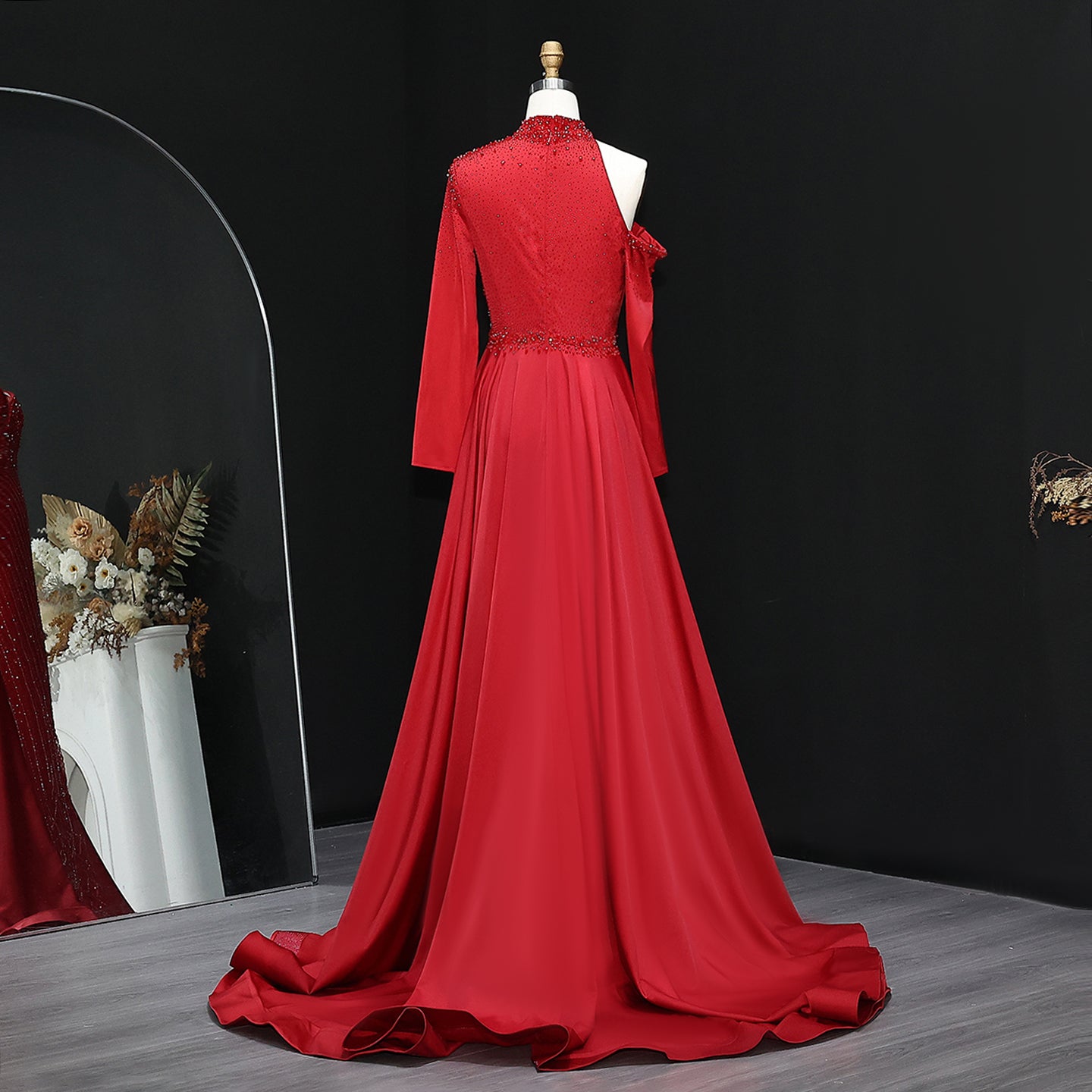 Luxury Red Long Sleeves Evening Dress with Overskirt SS019