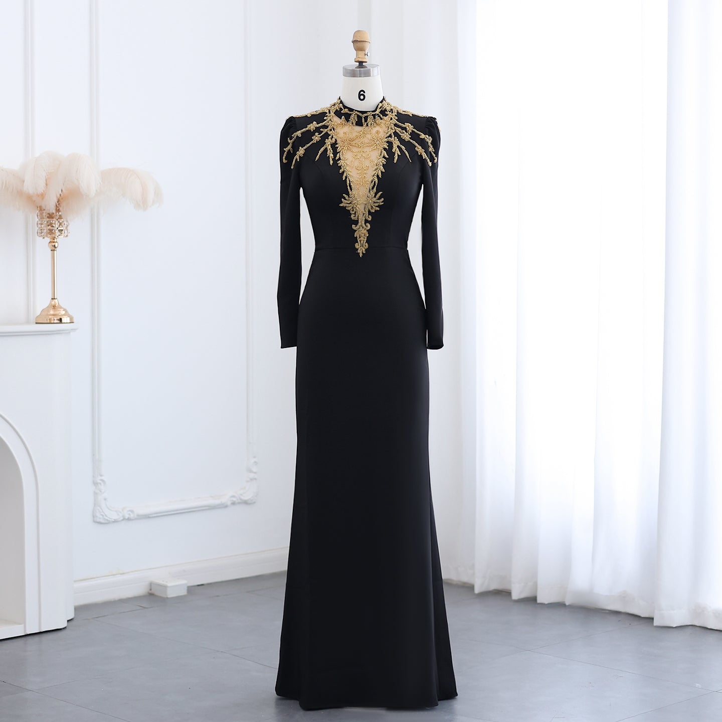 Elegant Black Long Sleeves Evening Dress with Gold Beaded SS217  Black / US 14