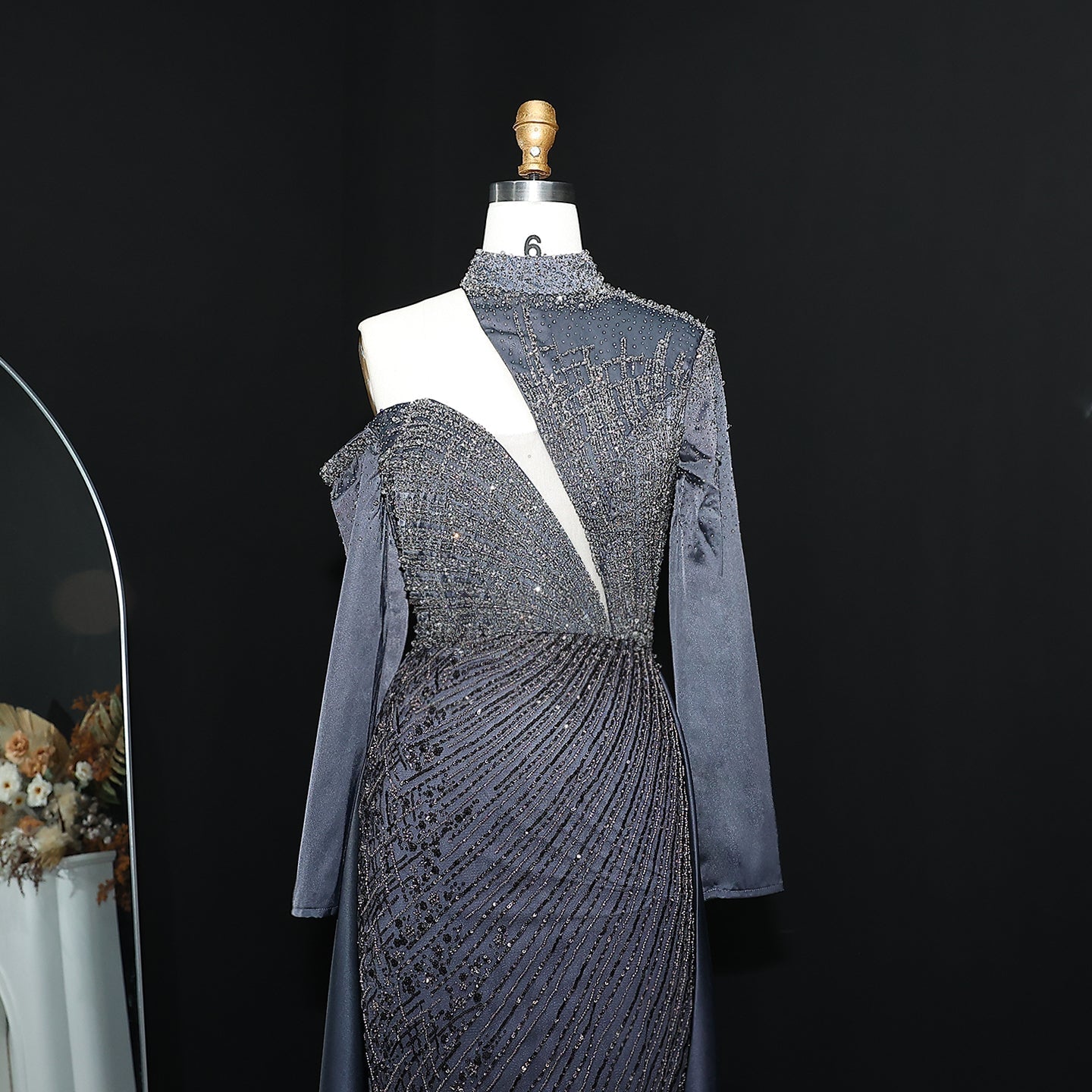 Luxury Red Long Sleeves Evening Dress with Overskirt SS019