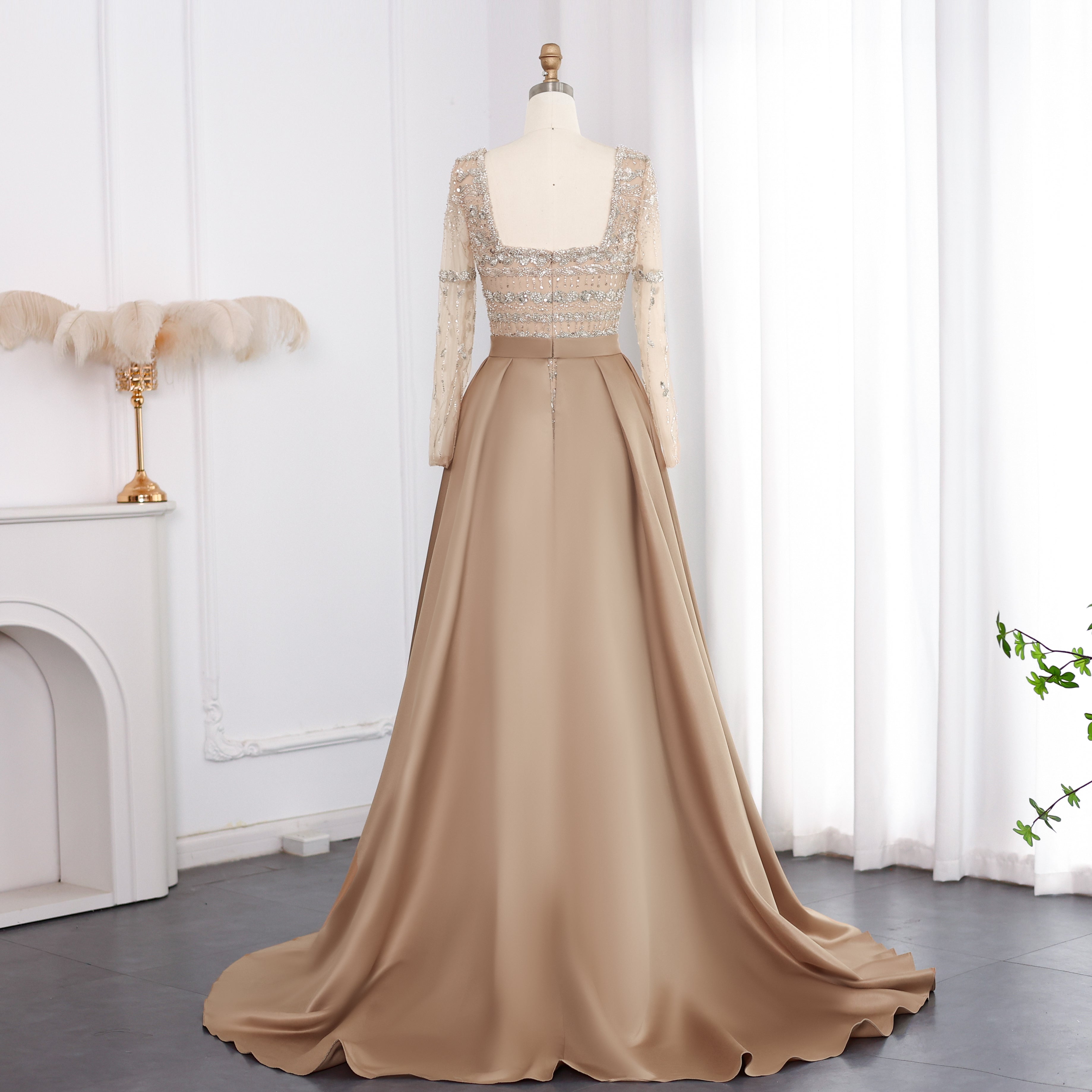 Luxury Sage Green Evening Dress with Detachable Overskirt SS238A