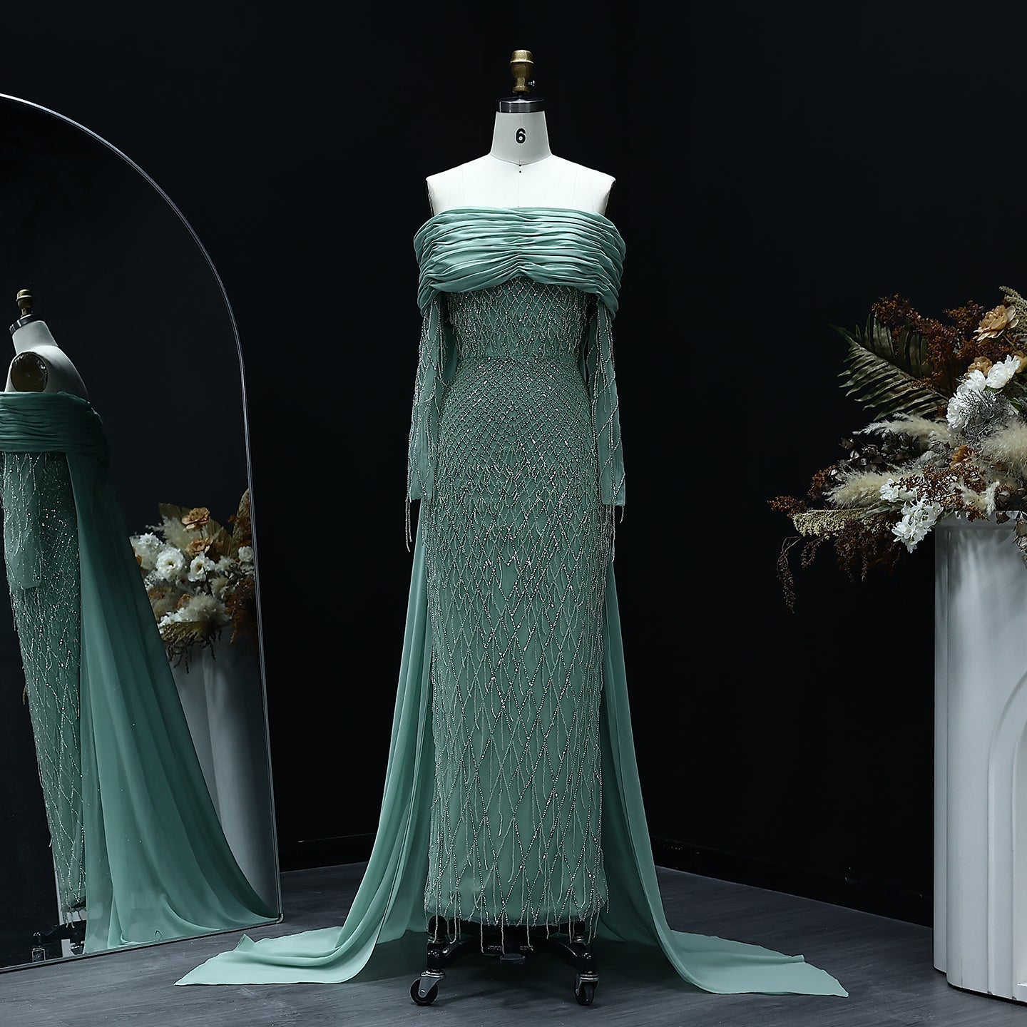 Luxury Tassel Lilac Off Shoulder Evening Dress with Cape SS708  Green / US 20