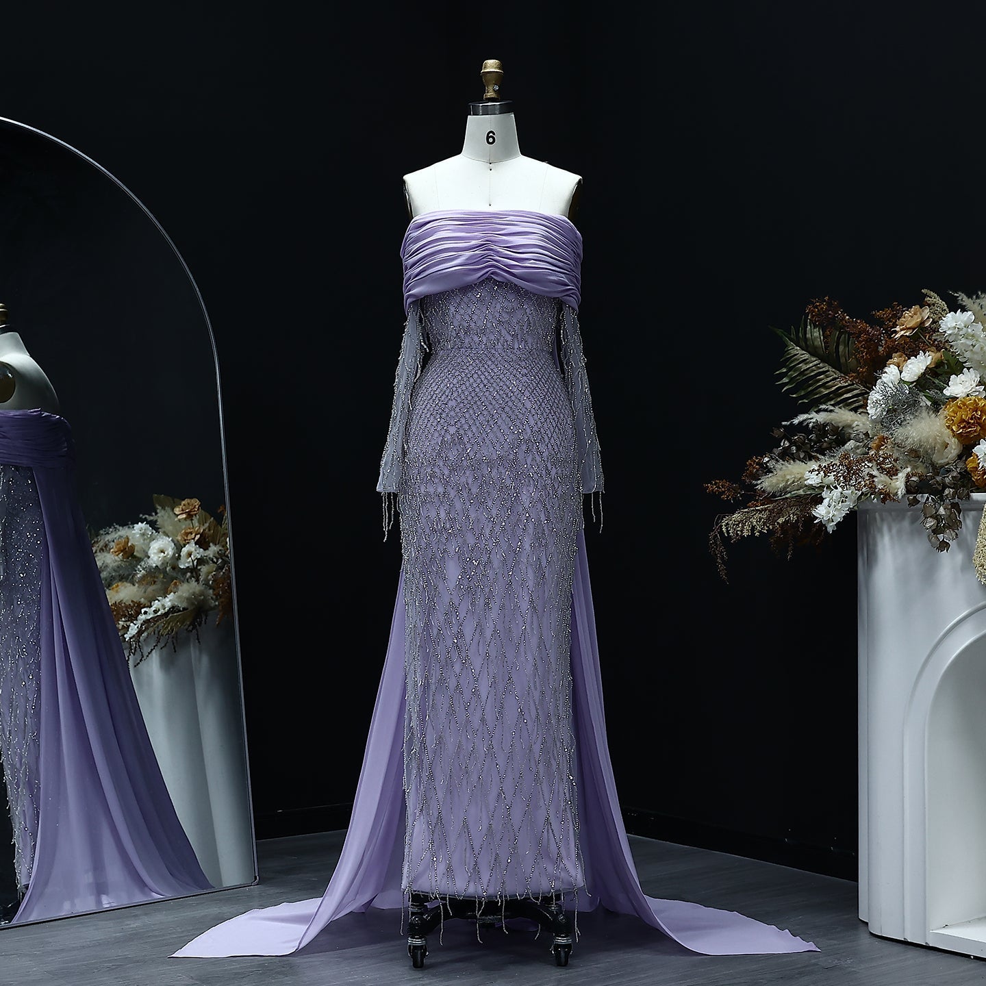 Luxury Tassel Lilac Off Shoulder Evening Dress with Cape SS708  Lilac / US 20