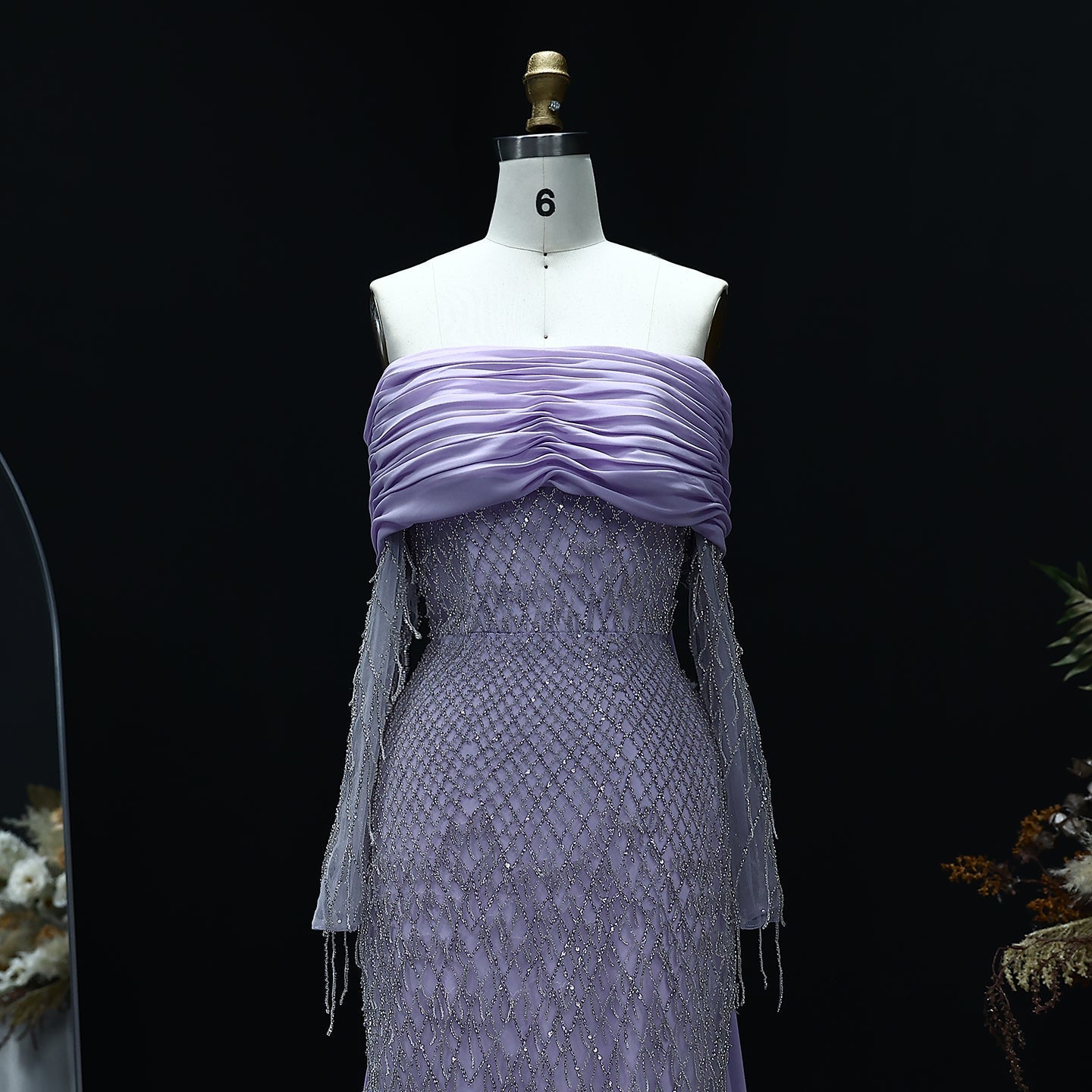 Luxury Tassel Lilac Off Shoulder Evening Dress with Cape SS708