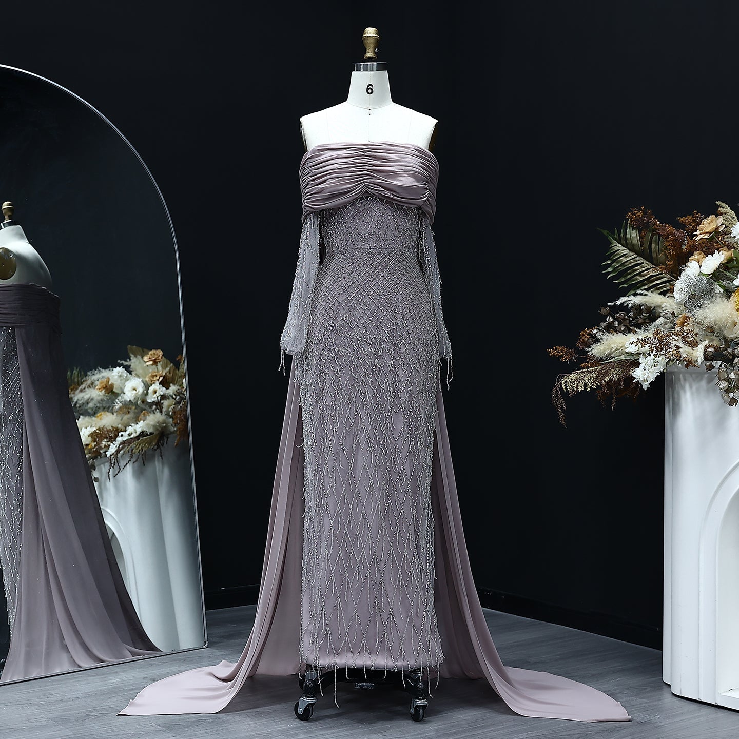 Luxury Tassel Lilac Off Shoulder Evening Dress with Cape SS708  Dusty pink / US 20