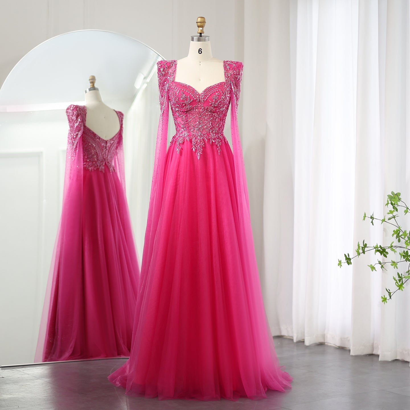 Luxury Beaded Fuchsia Evening Dress with Cape Sleeves SS242  Fuchsia / US 16