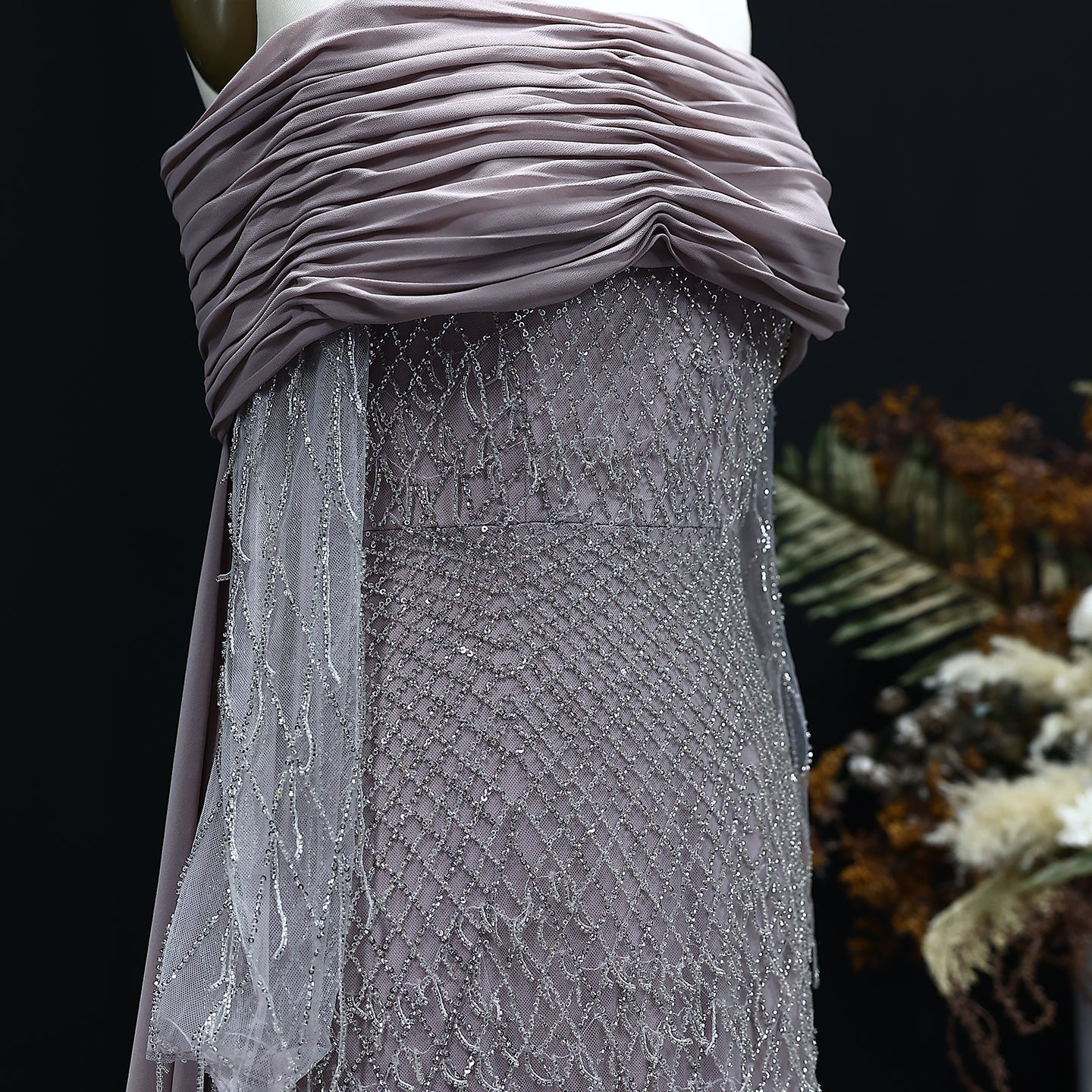 Luxury Tassel Lilac Off Shoulder Evening Dress with Cape SS708