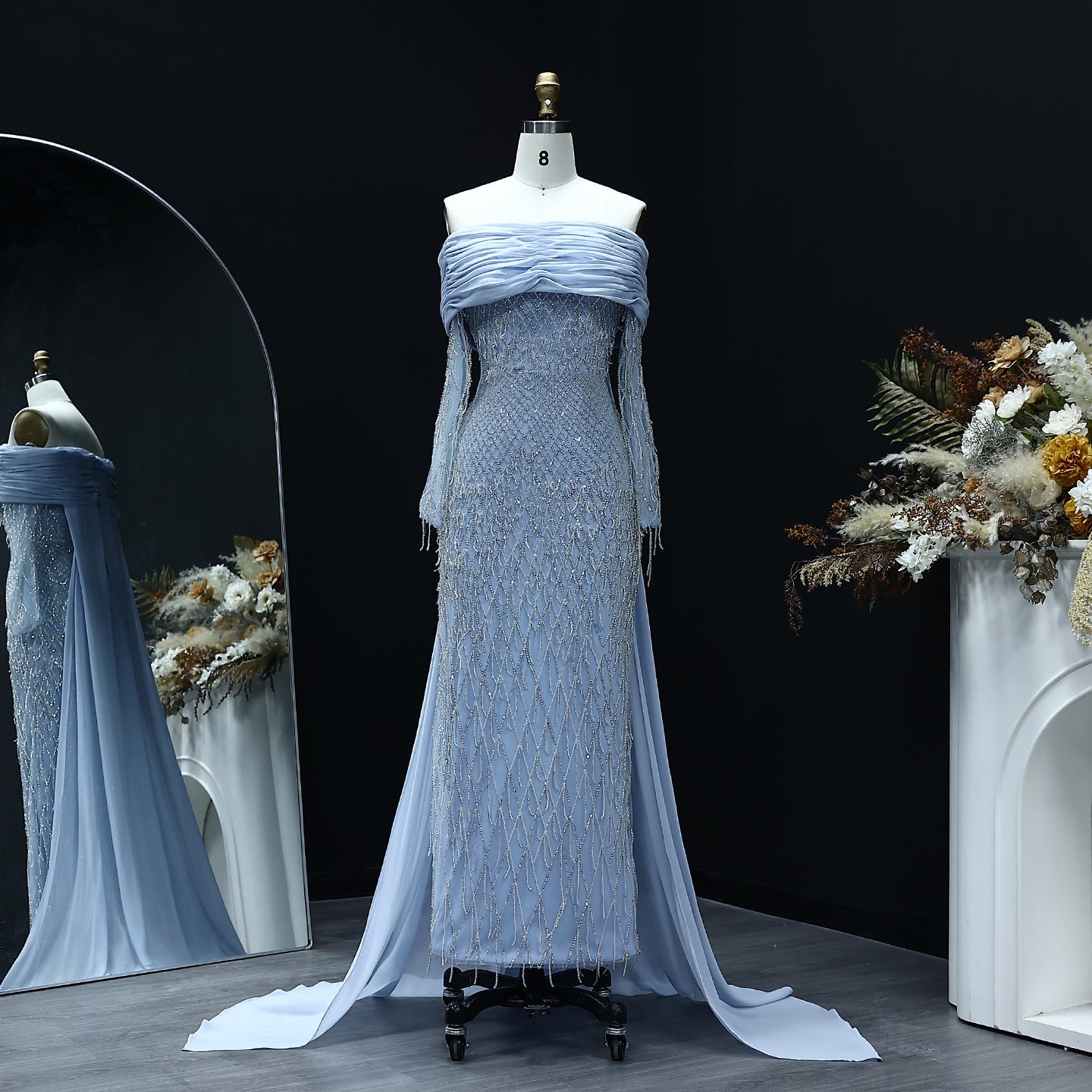 Luxury Tassel Lilac Off Shoulder Evening Dress with Cape SS708  Blue / US 20