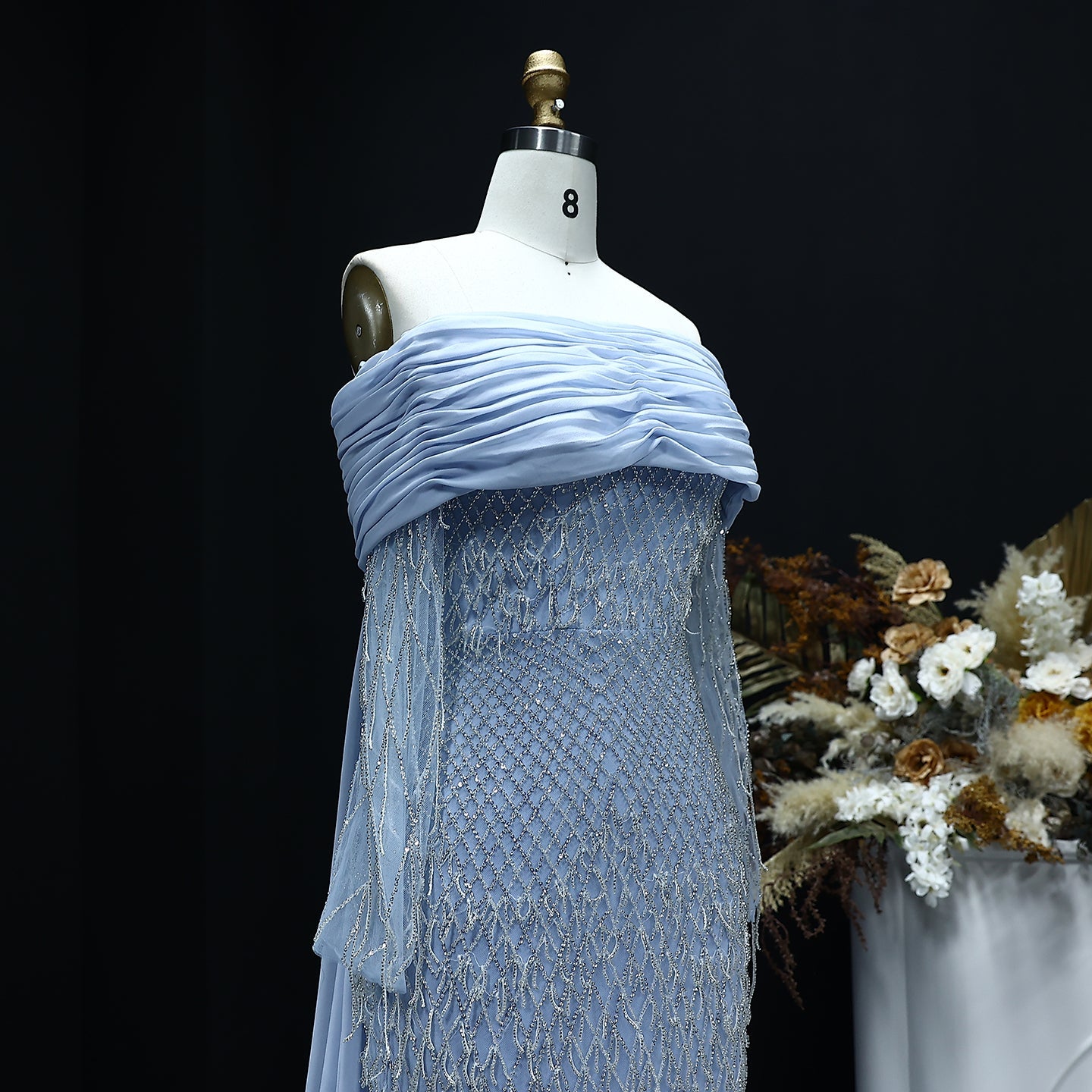 Luxury Tassel Lilac Off Shoulder Evening Dress with Cape SS708