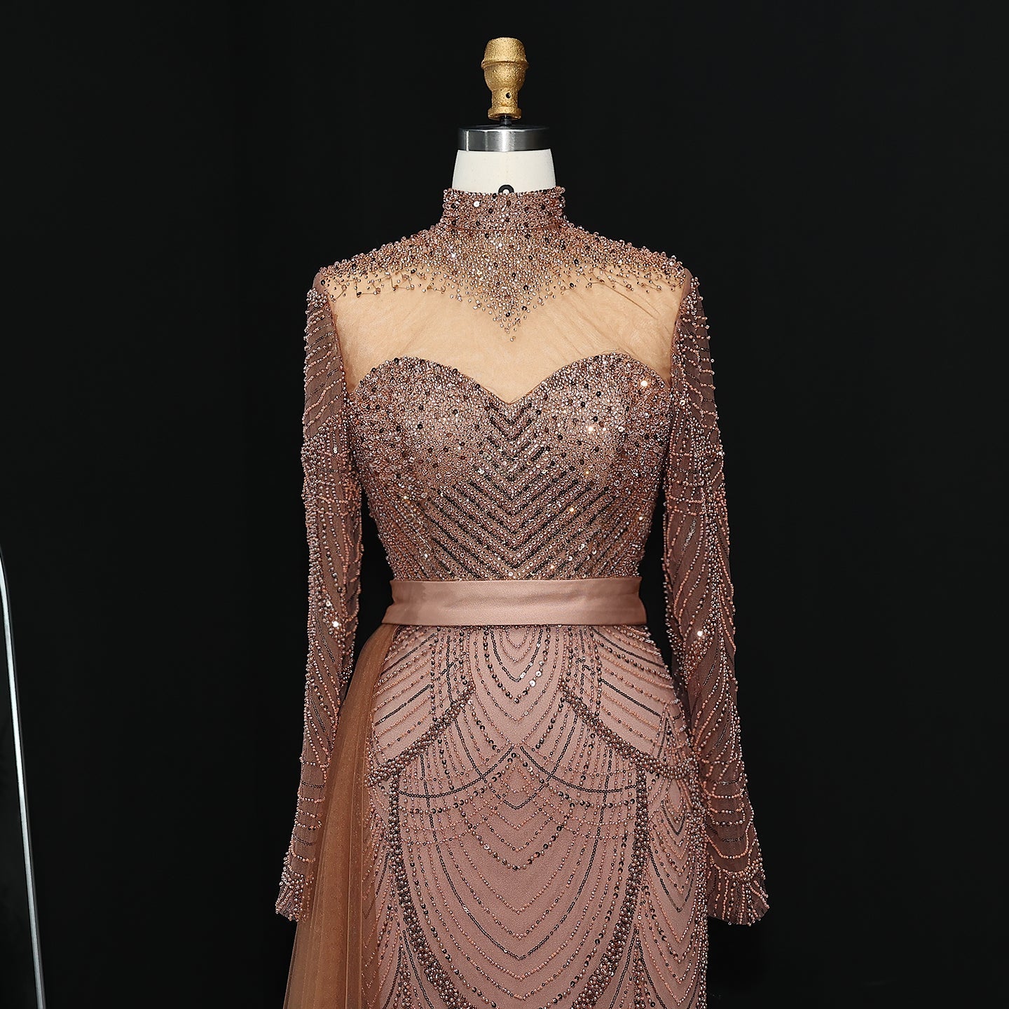 Stunning Brown Long Sleeve High Neck Evening Dress SS015