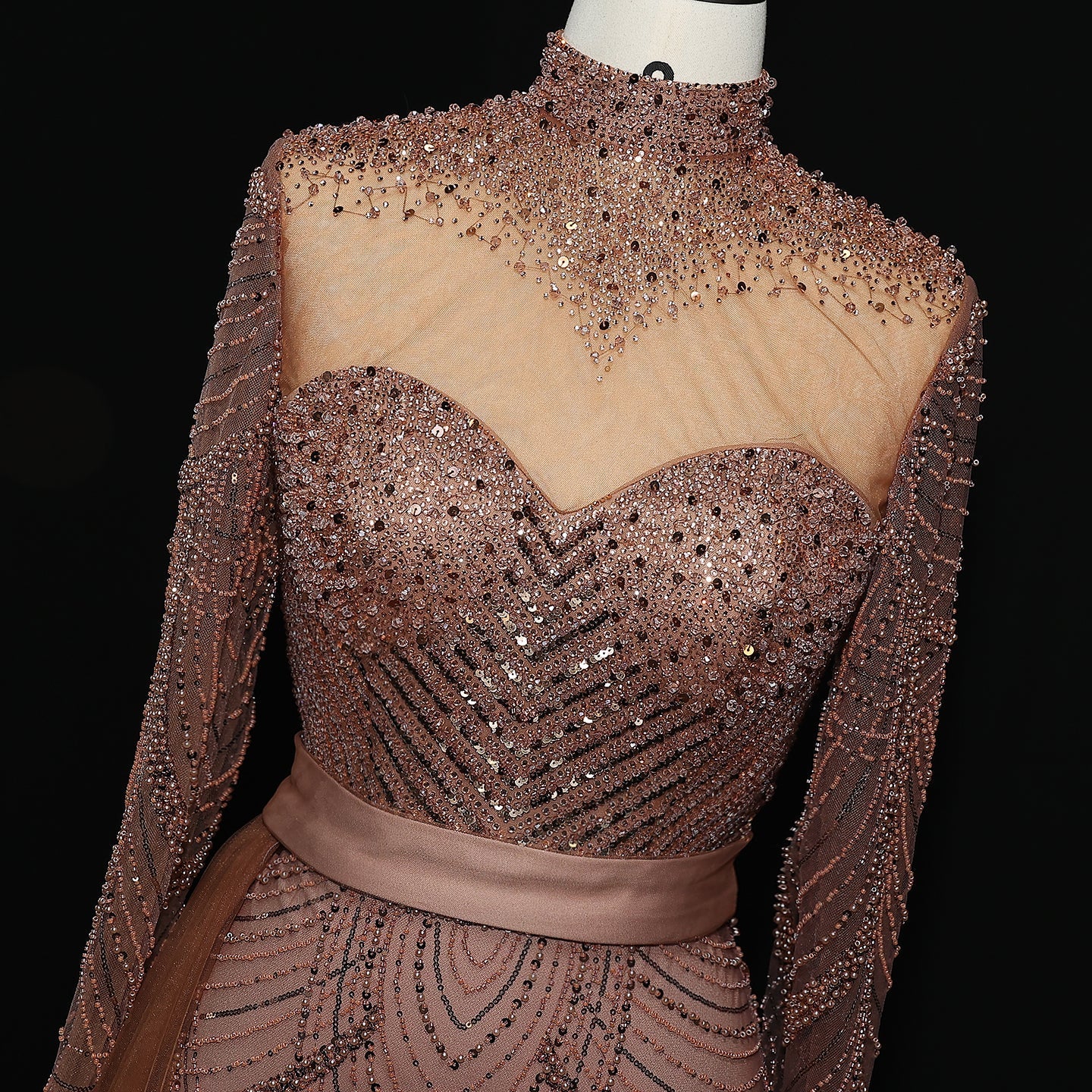 Stunning Brown Long Sleeve High Neck Evening Dress SS015