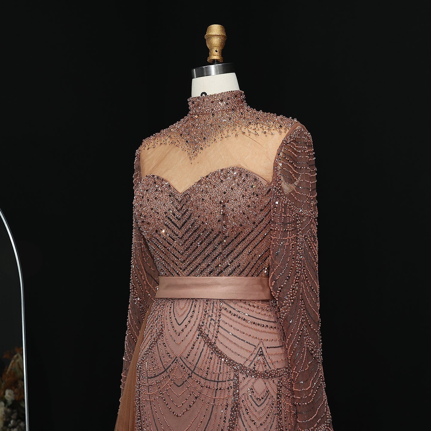 Stunning Brown Long Sleeve High Neck Evening Dress SS015