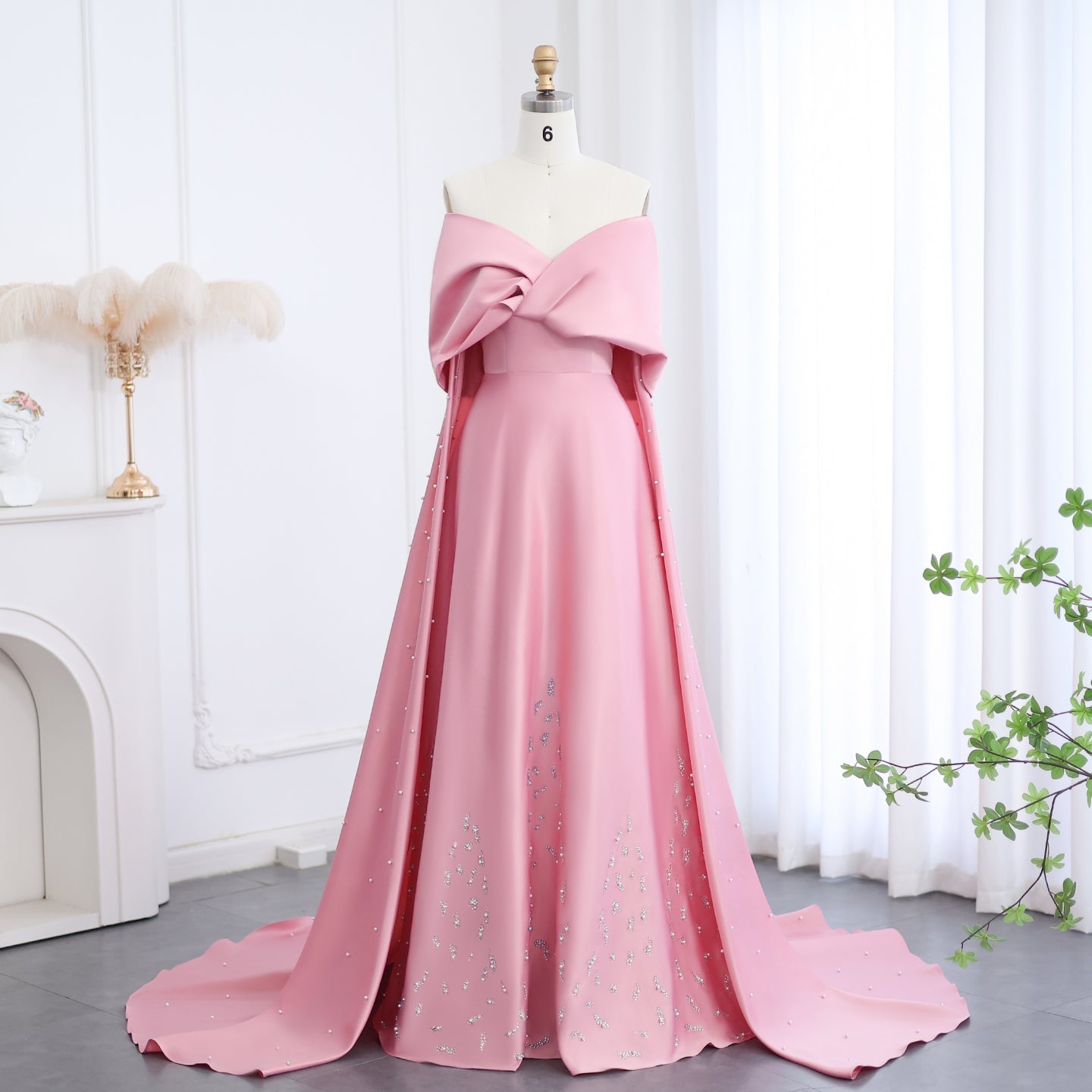 Luxury Pink Satin Off Shoulder Evening Dress SS481  Pink / US 16
