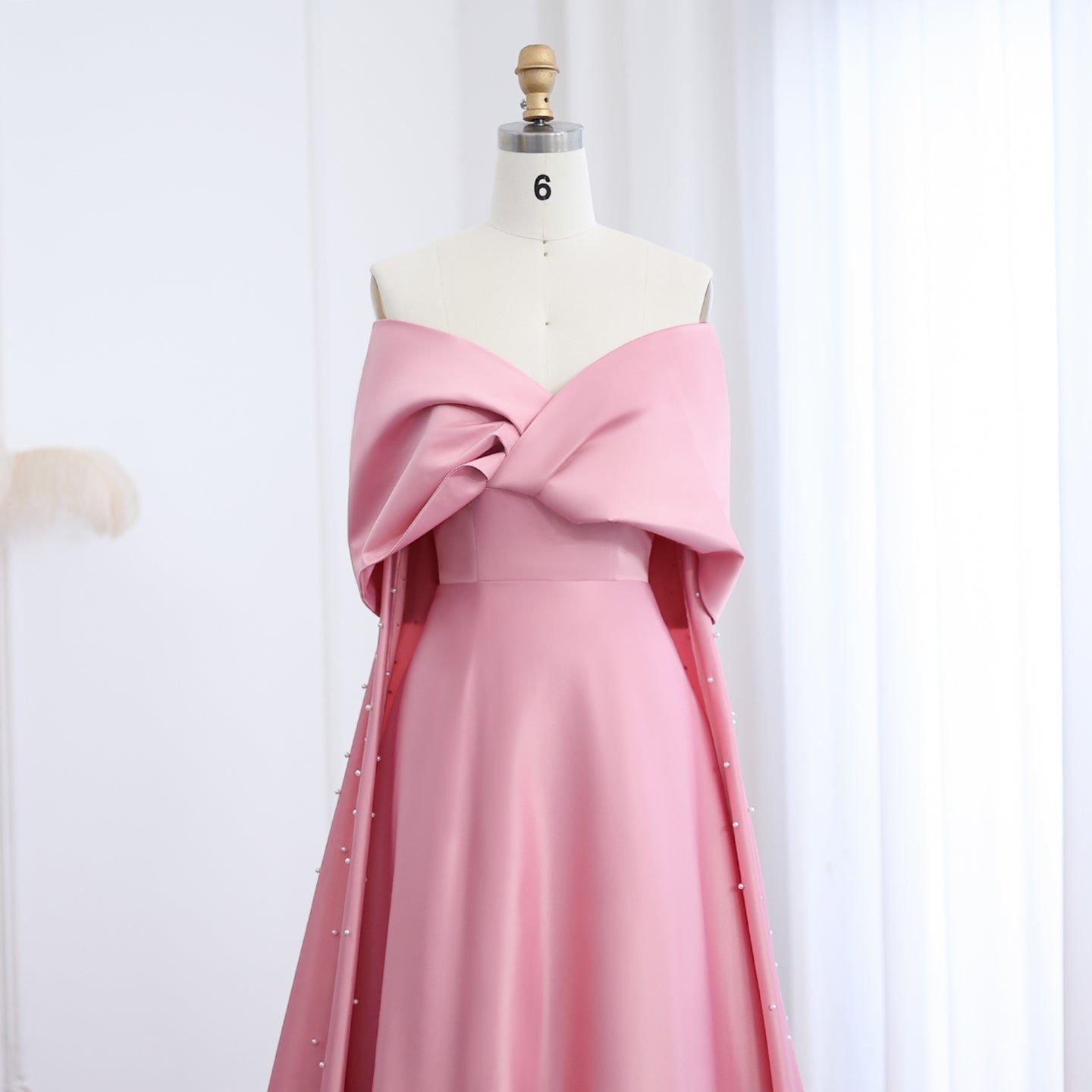 Luxury Pink Satin Off Shoulder Evening Dress SS481