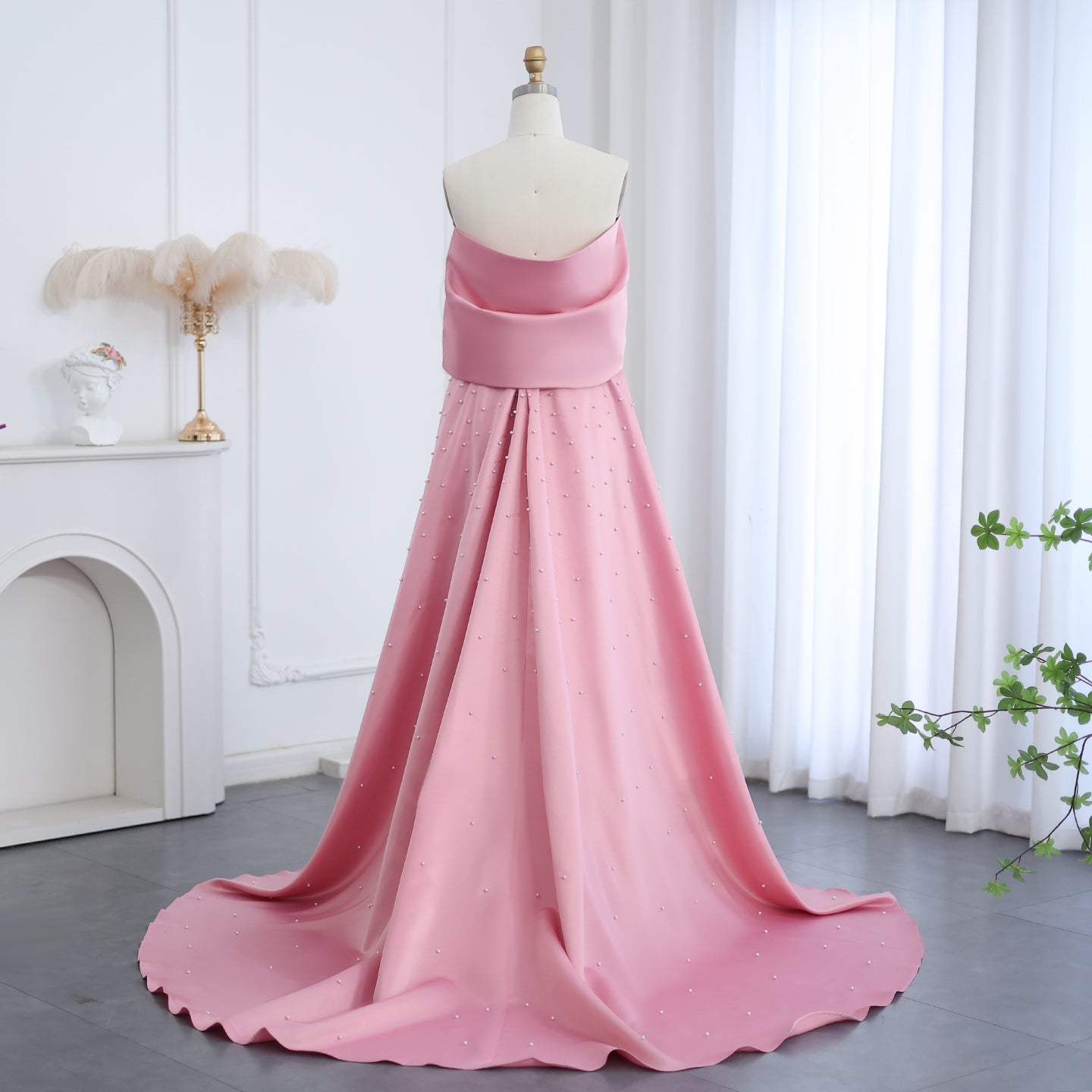 Luxury Pink Satin Off Shoulder Evening Dress SS481