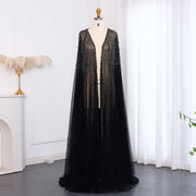 Elegant Black Beaded Long Cape Evening Dress SF082