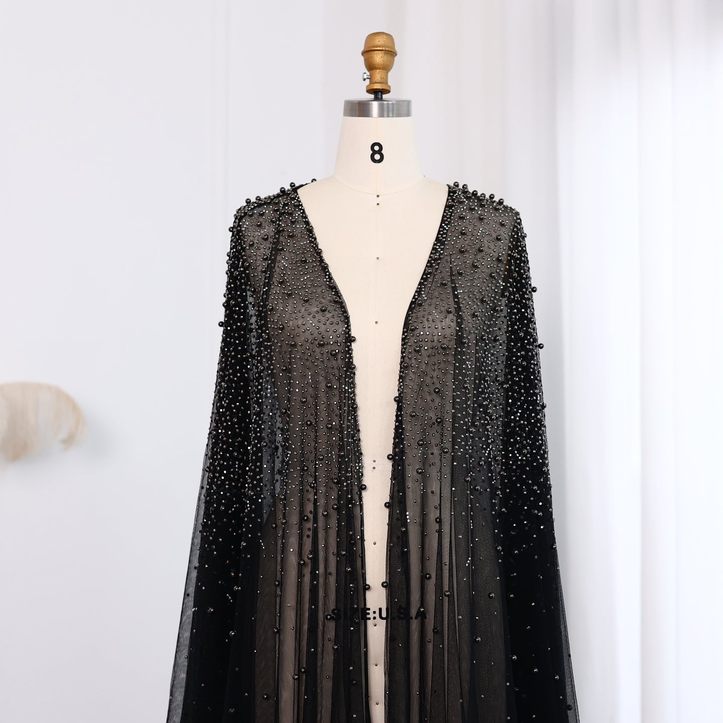 Elegant Black Beaded Long Cape Evening Dress SF082