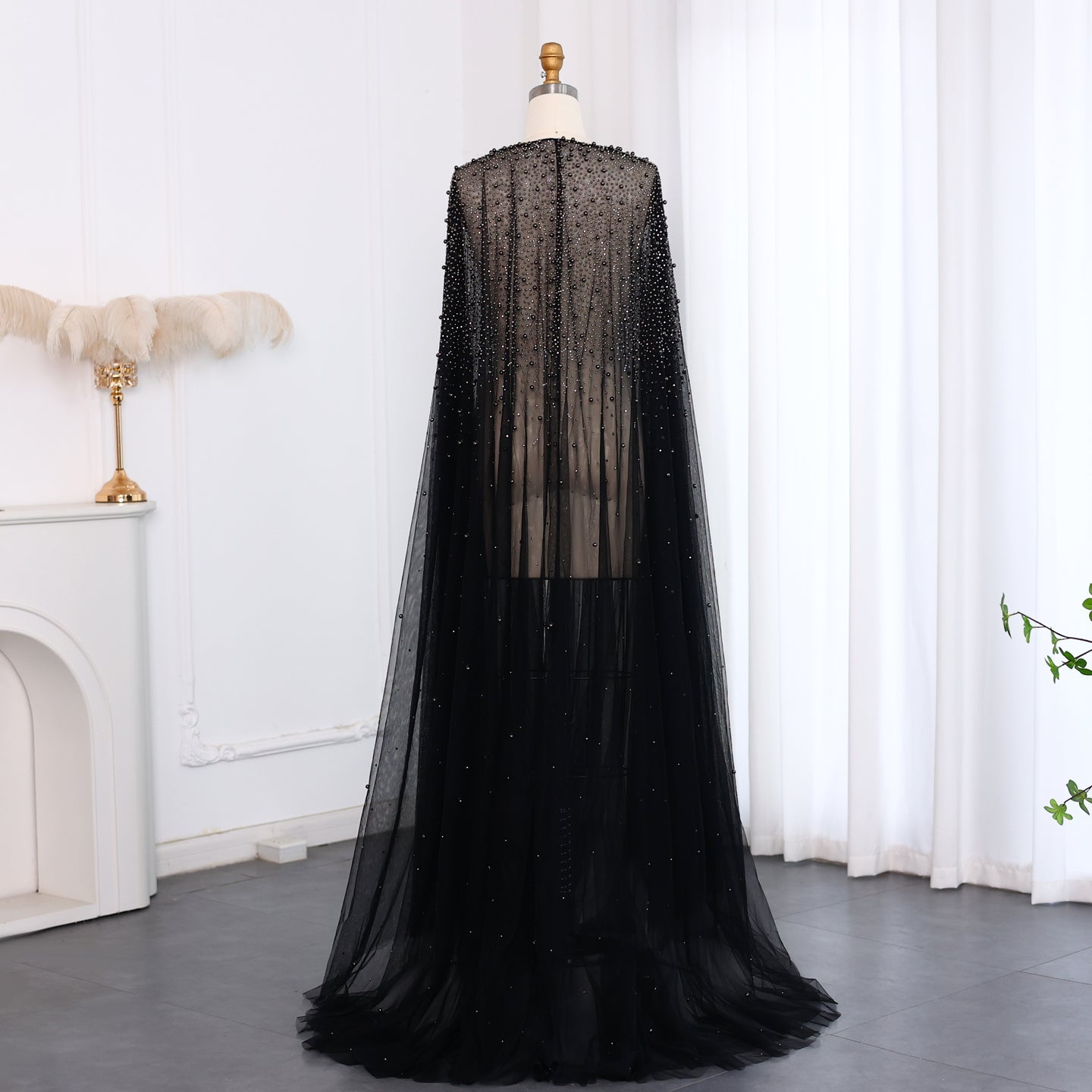 Elegant Black Beaded Long Cape Evening Dress SF082