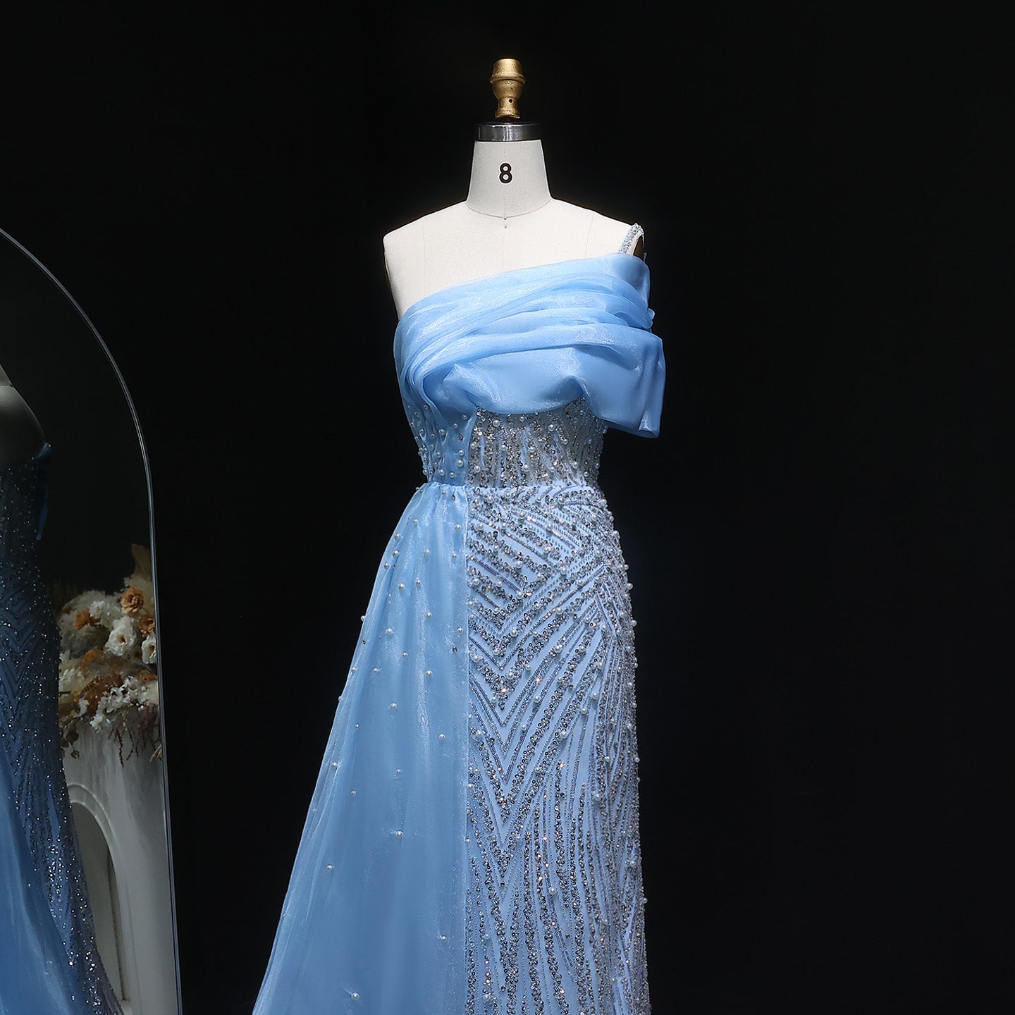 Luxury One Shoulder Blue Evening Dress with Overskirt SS644