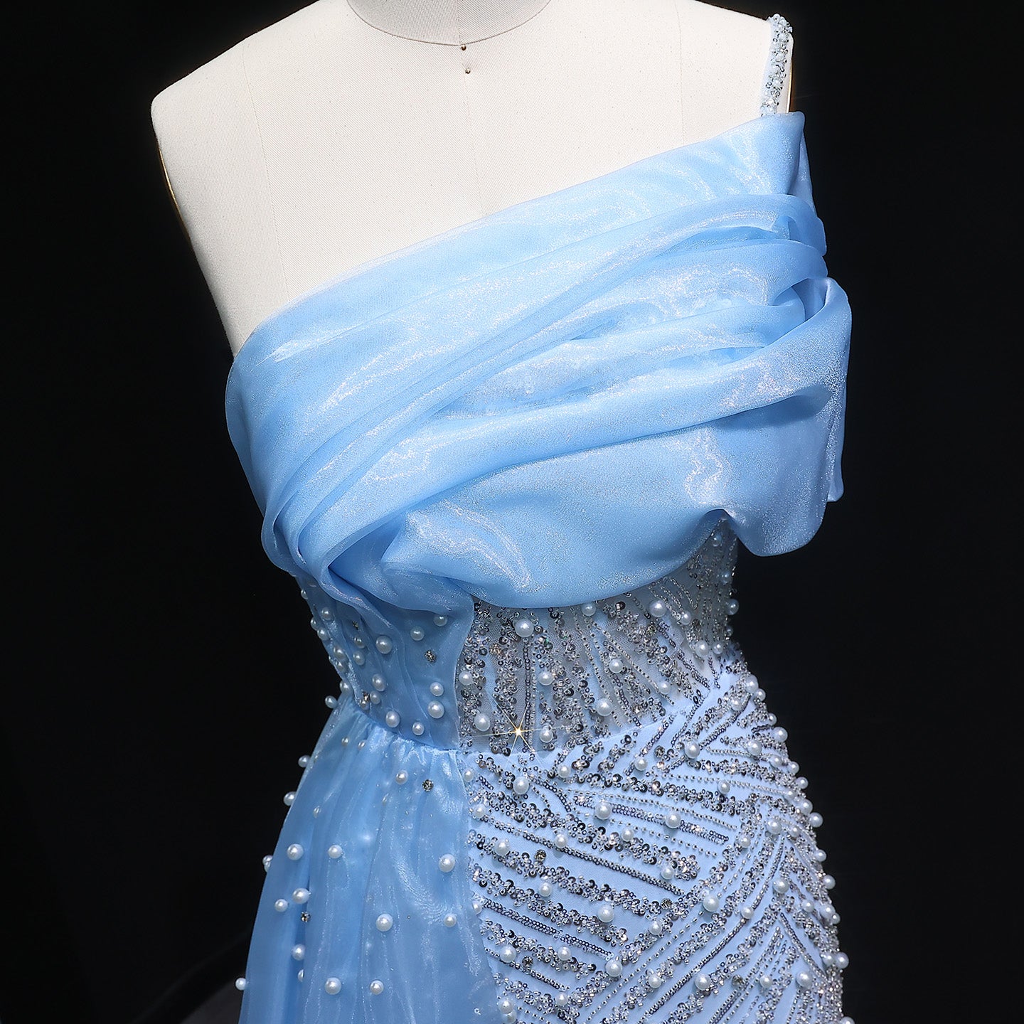 Luxury One Shoulder Blue Evening Dress with Overskirt SS644